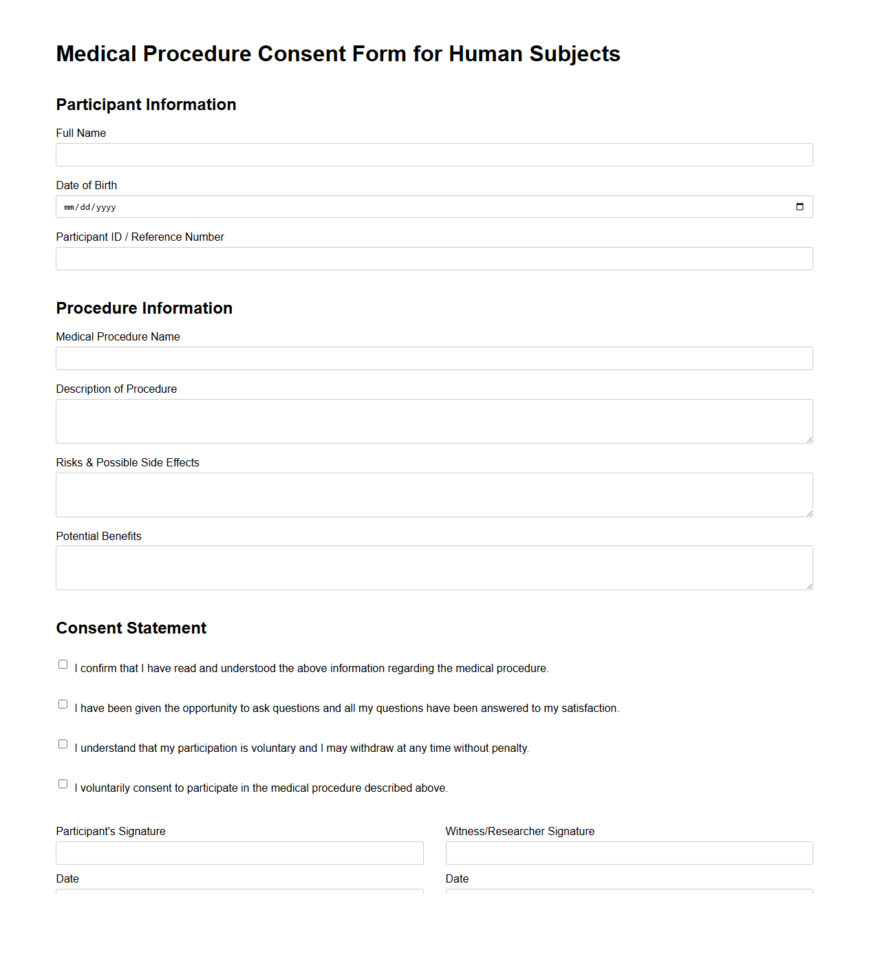 Medical Procedure Consent Form for Human Subjects