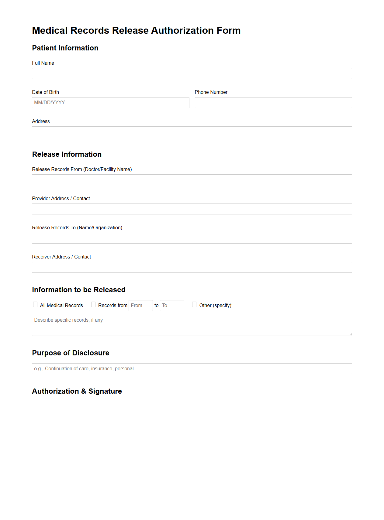 Medical Records Release Authorization Form (HIPAA Standard)