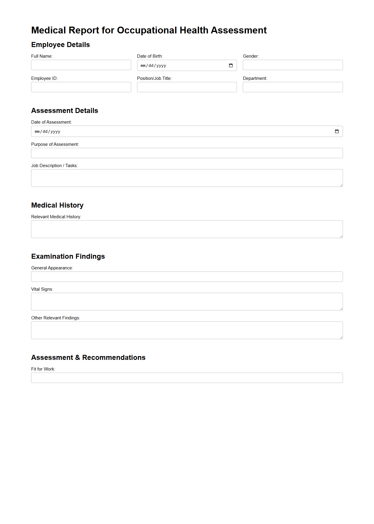 Medical Report for Occupational Health Assessment