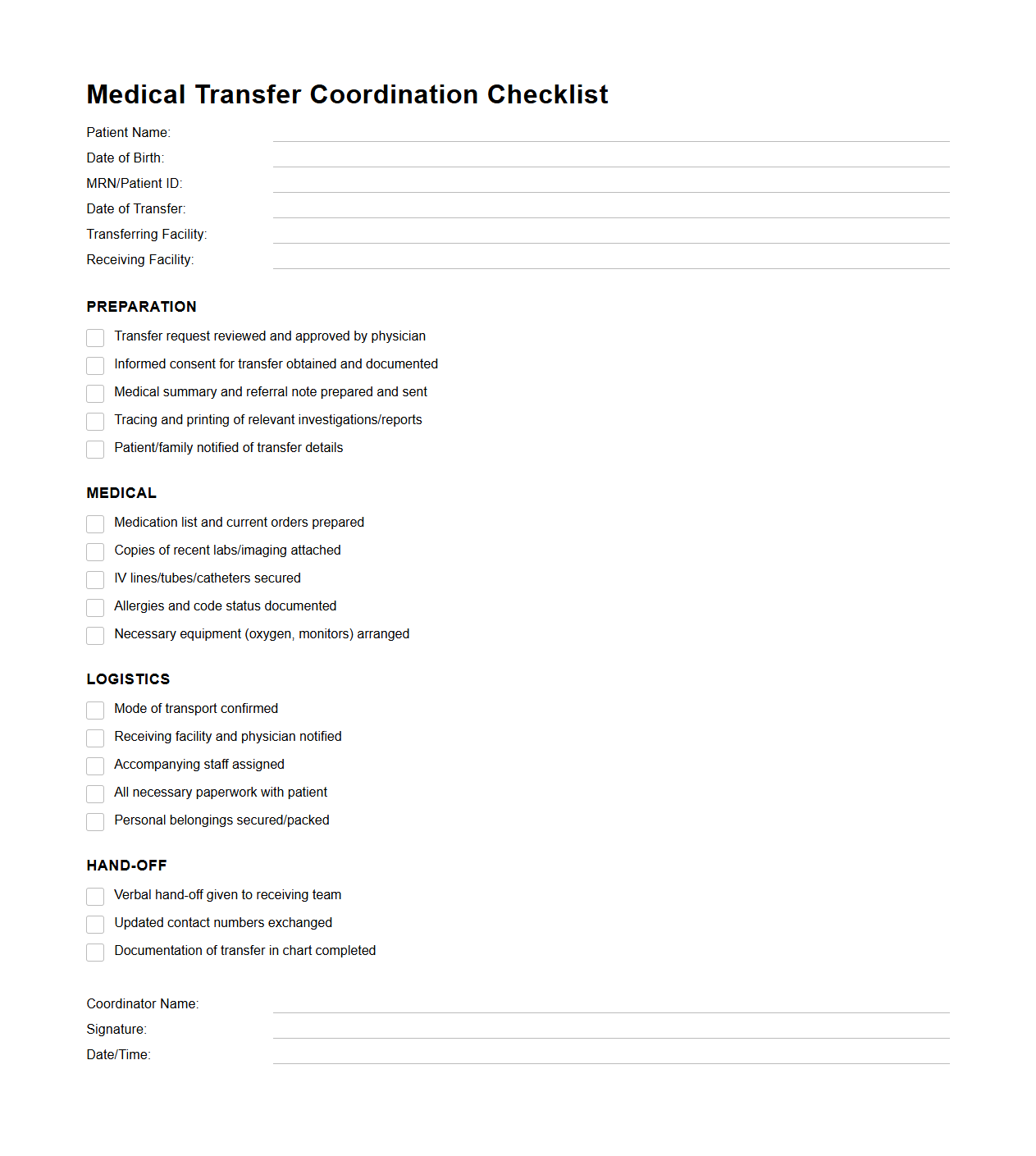 Medical Transfer Coordination Checklist