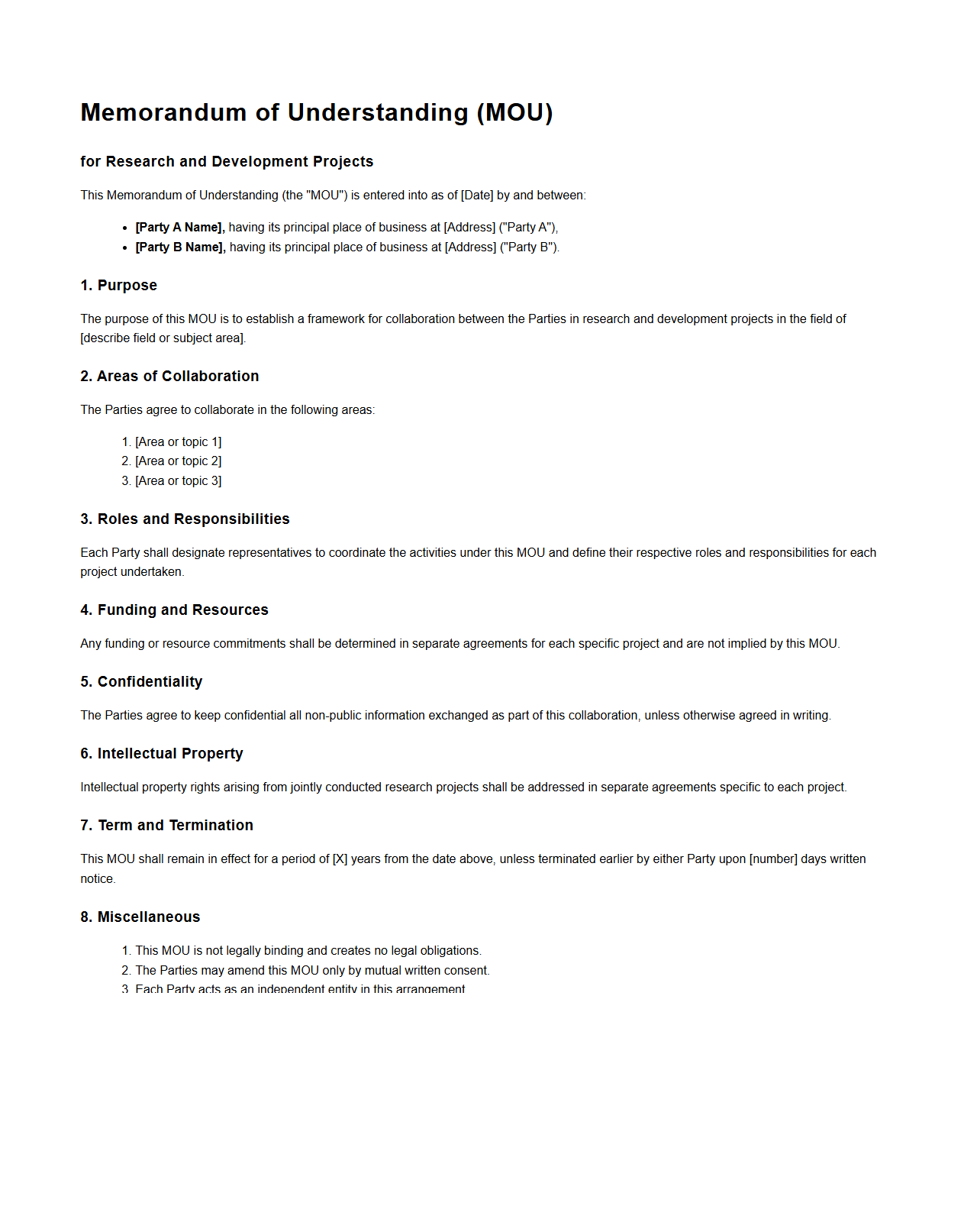 Memorandum of Understanding for Research and Development Projects