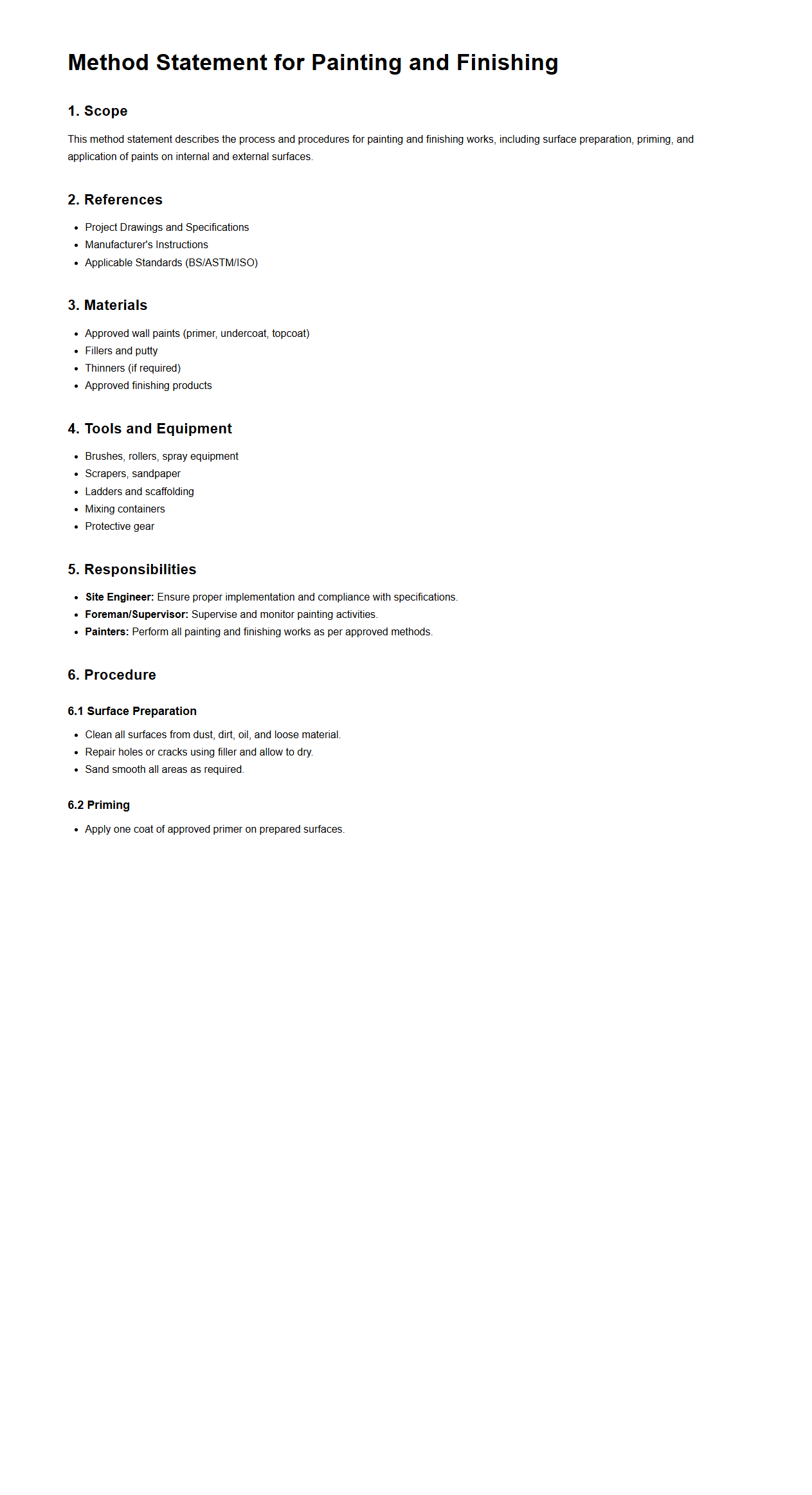 Method Statement for Painting and Finishing
