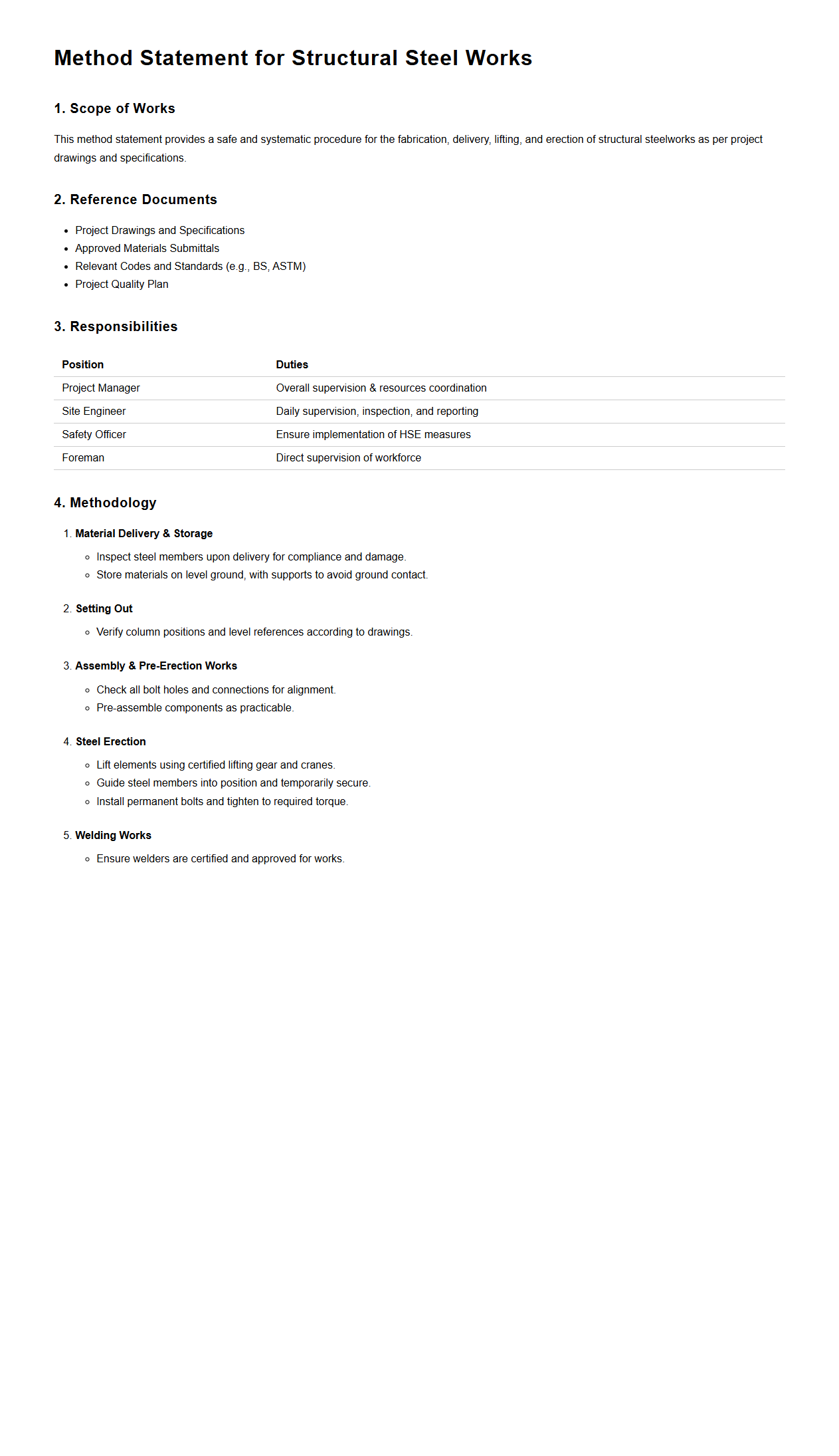 Method Statement for Structural Steel Works
