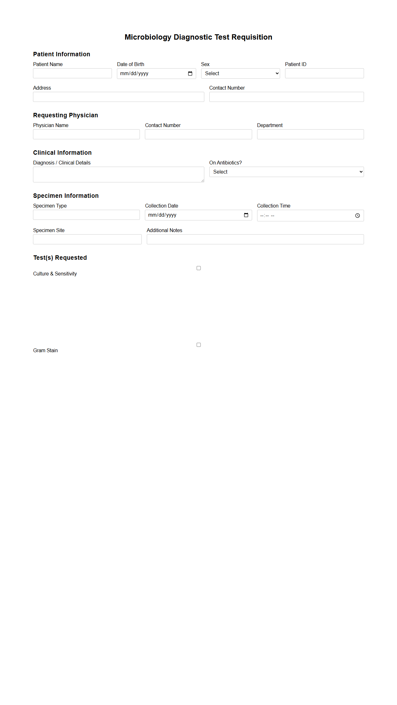 Microbiology Diagnostic Test Requisition Sample