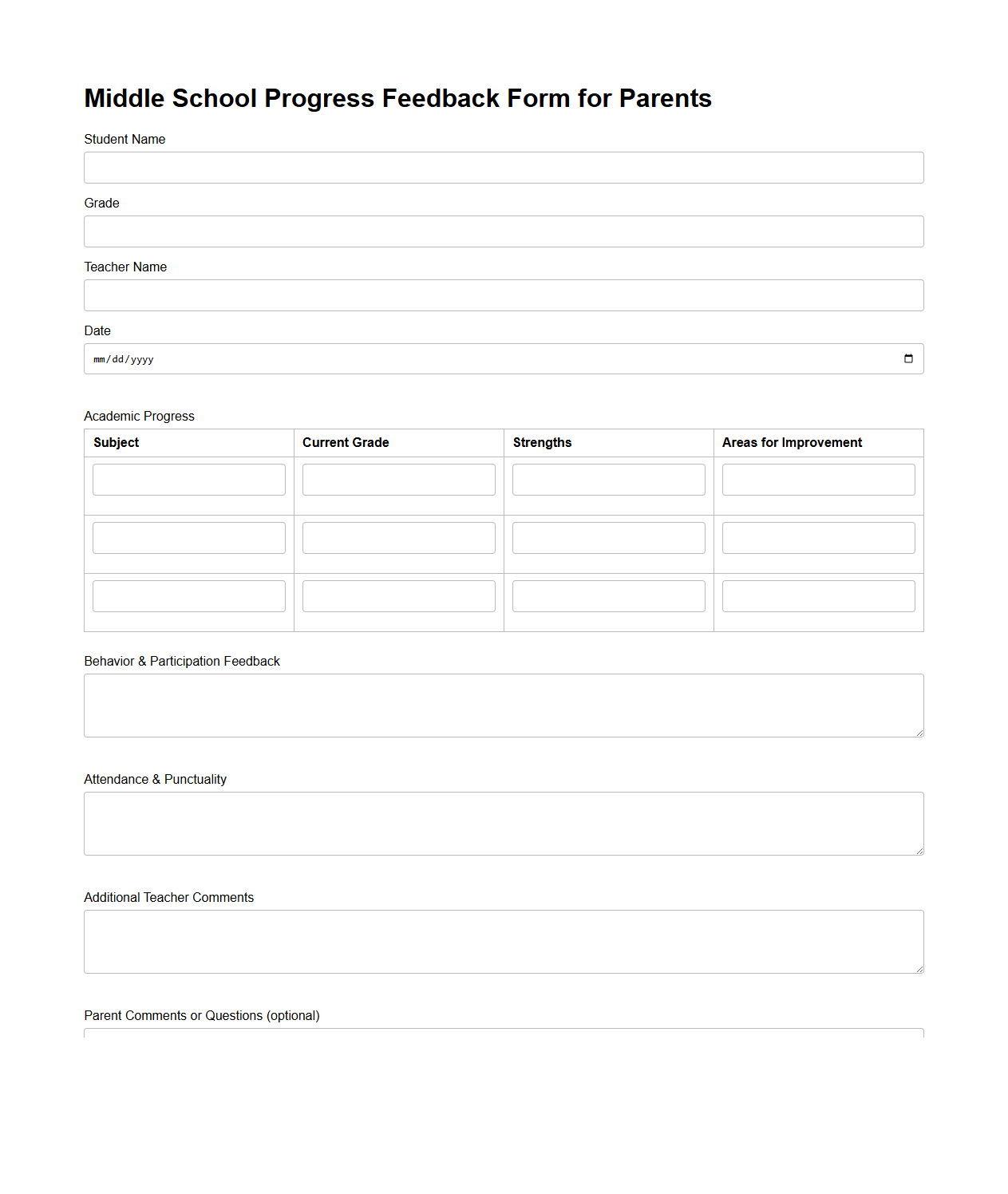 Middle School Progress Feedback Form for Parents