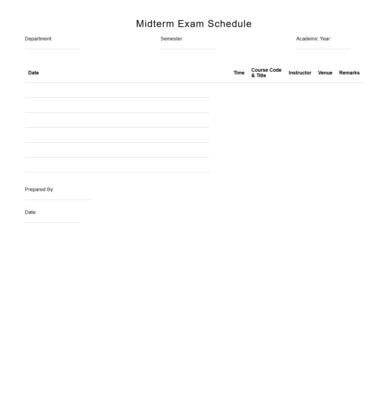 Midterm Exam Schedule Template for Academic Departments