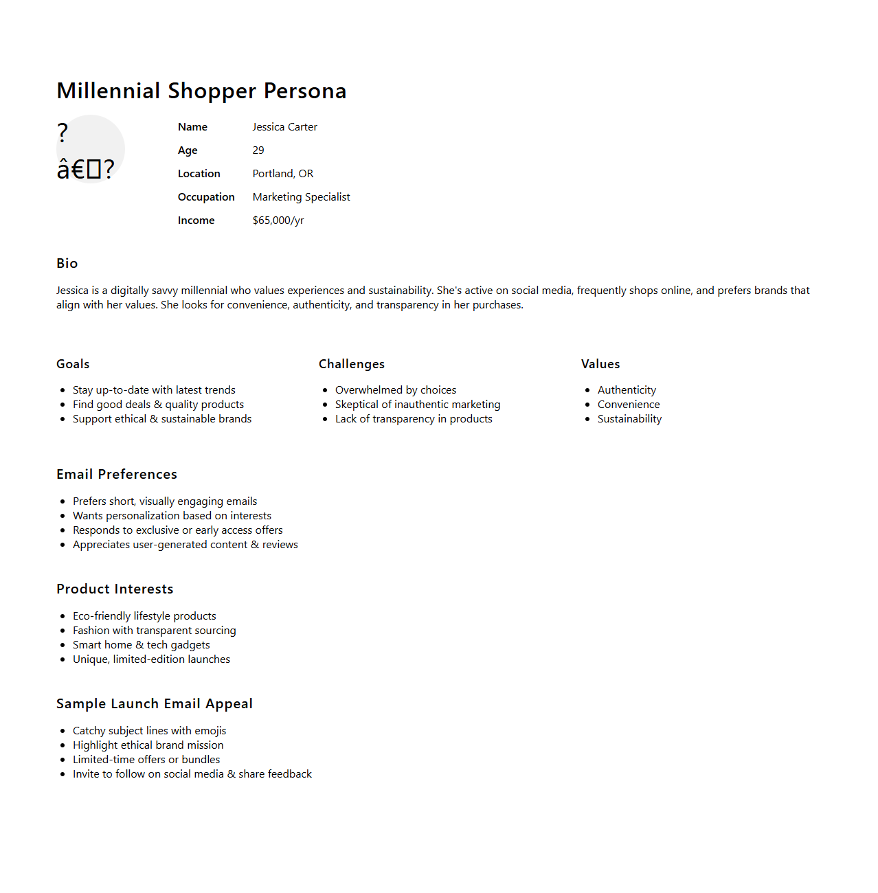 Millennial Shopper Persona for Product Launch Emails
