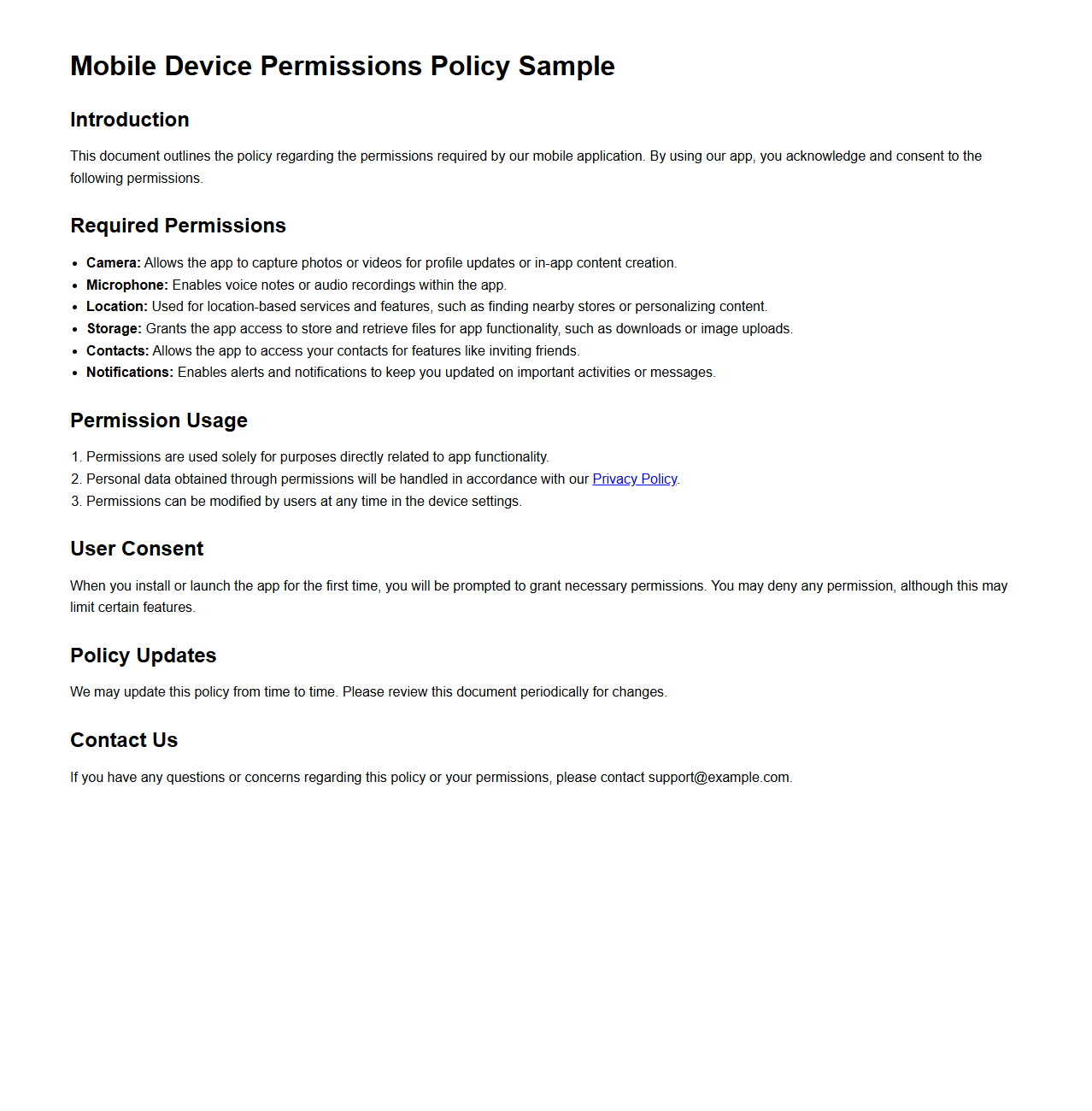 Mobile Device Permissions Policy Sample for App Users