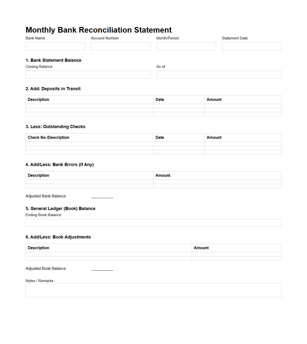 Monthly Bank Reconciliation Statement Template