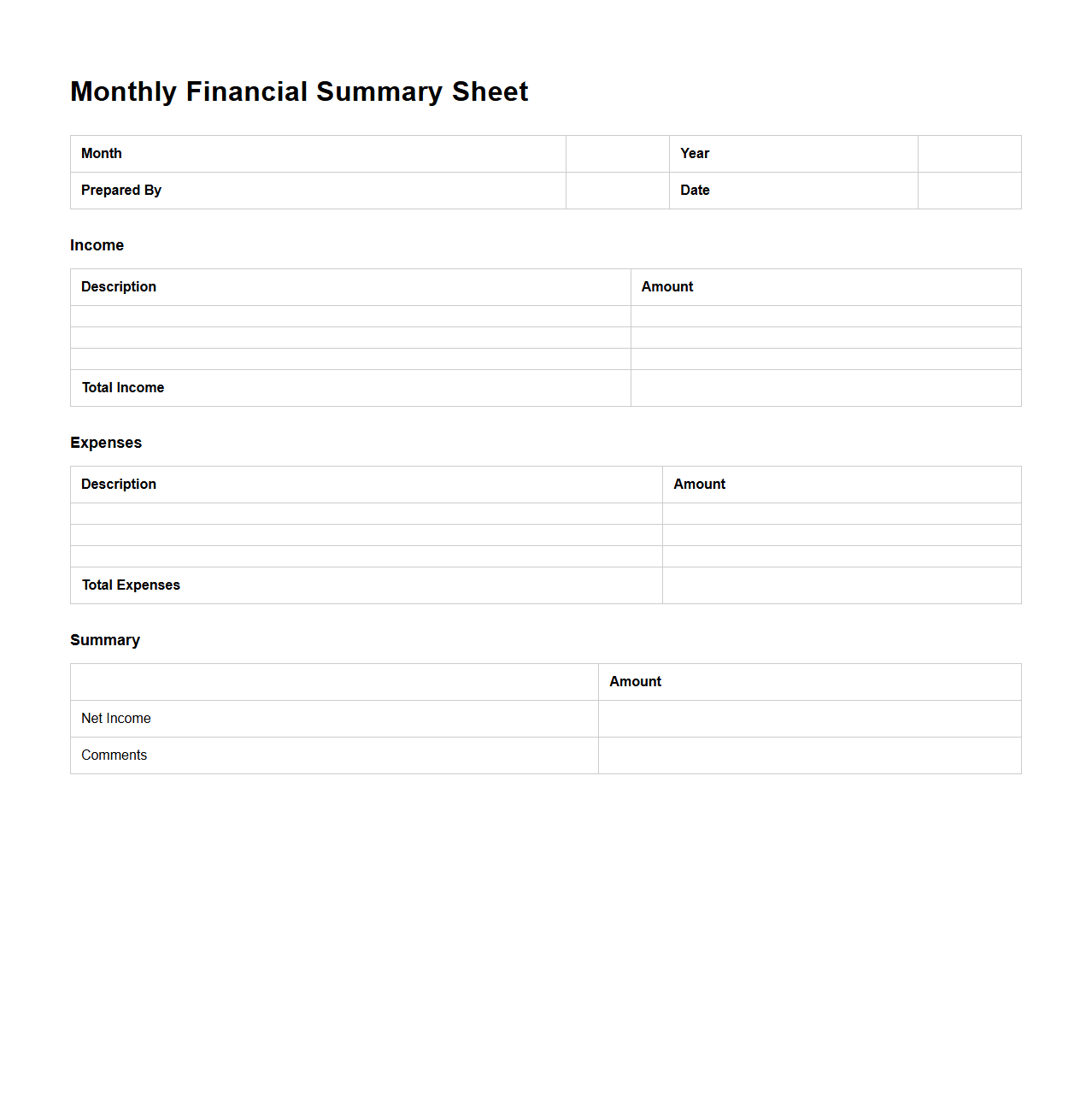Monthly Financial Summary Sheet
