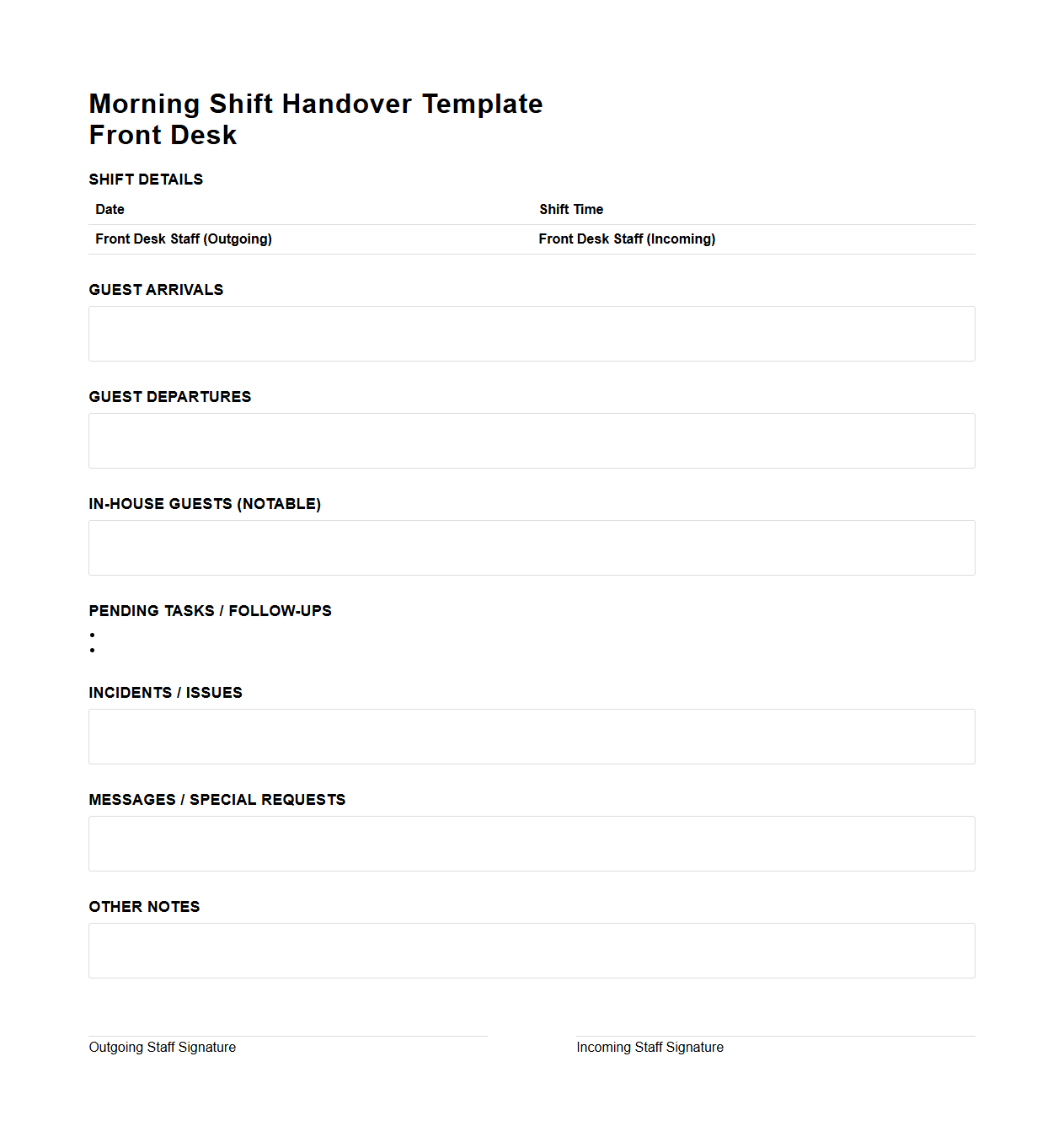 Morning Shift Handover Template for Front Desk