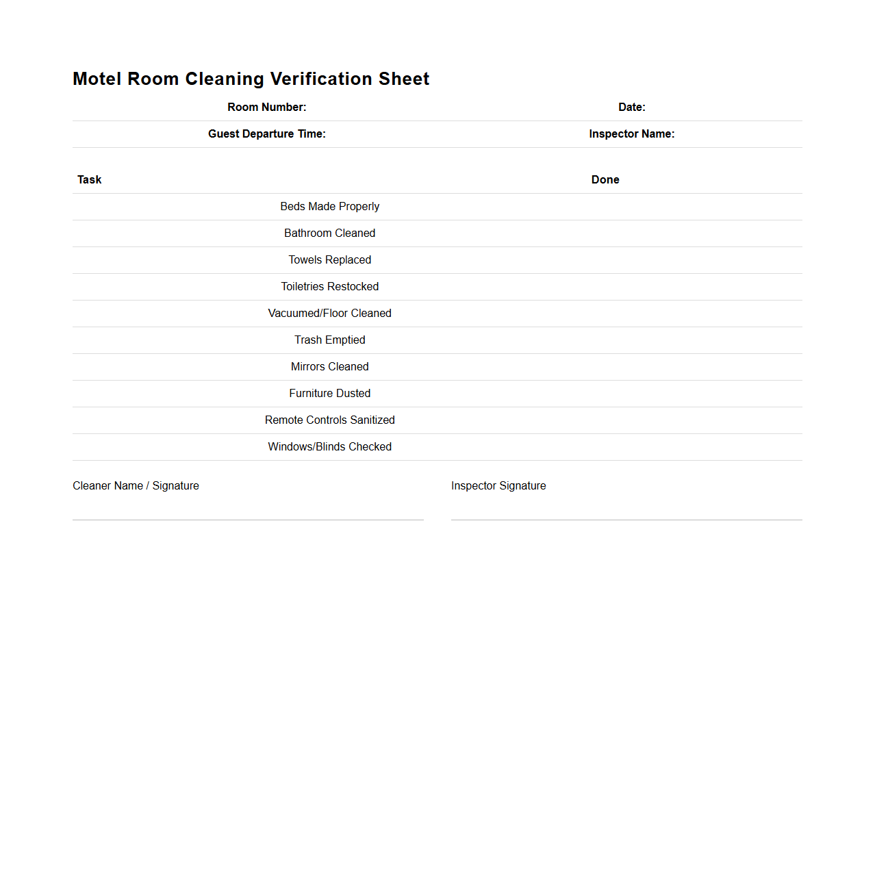 Motel Room Cleaning Verification Sheet