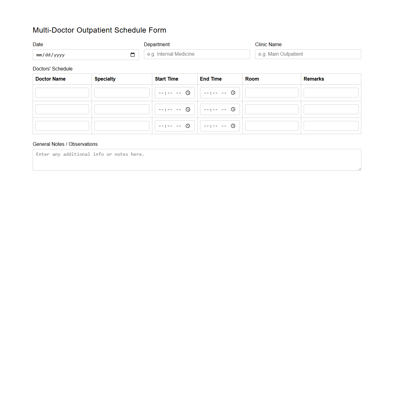 Multi-Doctor Outpatient Schedule Form