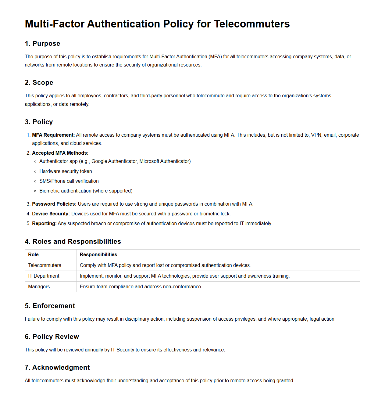 Multi-Factor Authentication Policy for Telecommuters