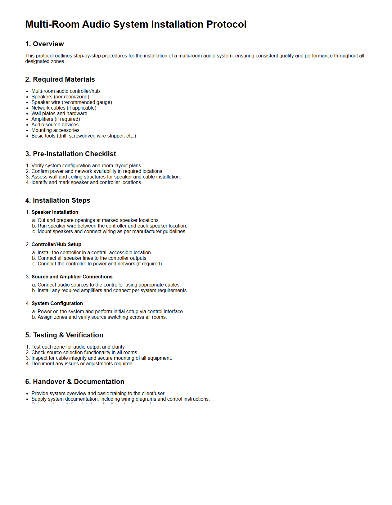 Multi-Room Audio System Installation Protocol