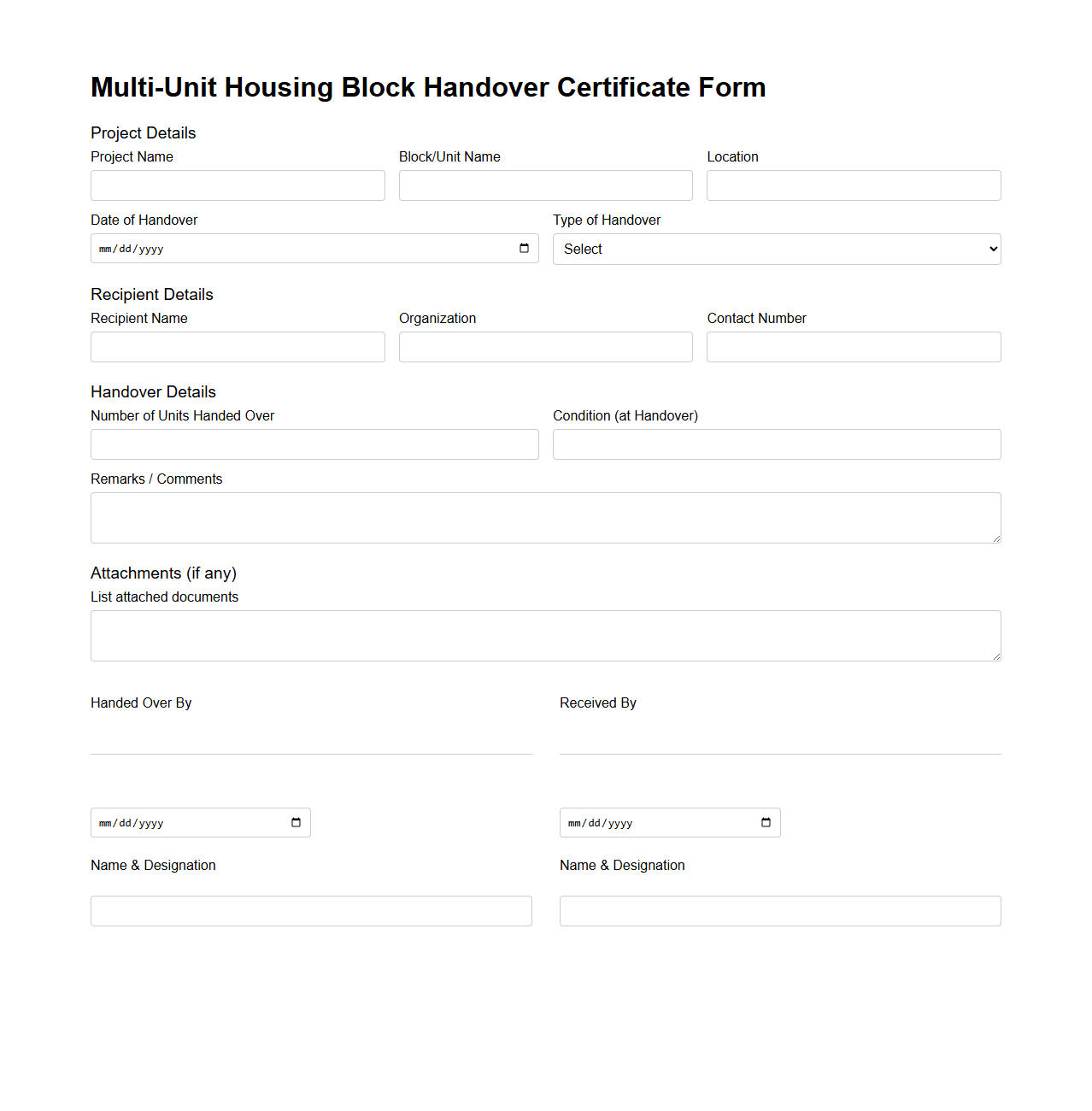 Multi-Unit Housing Block Handover Certificate Form
