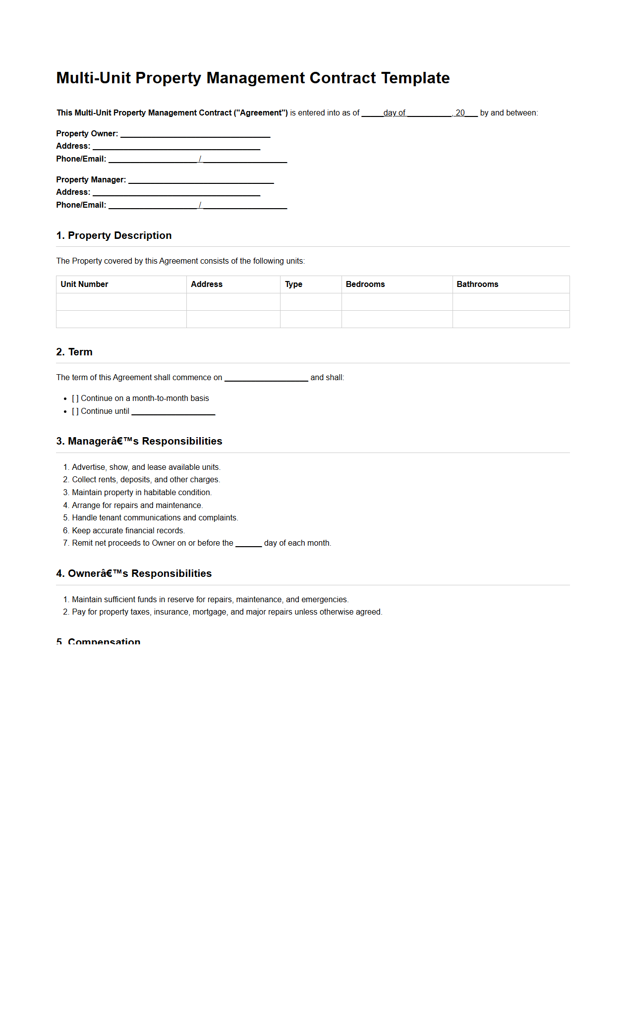 Multi-Unit Property Management Contract Template