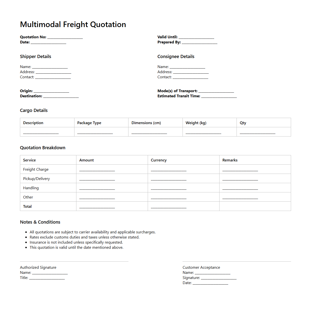 Multimodal Freight Quotation Document Sample