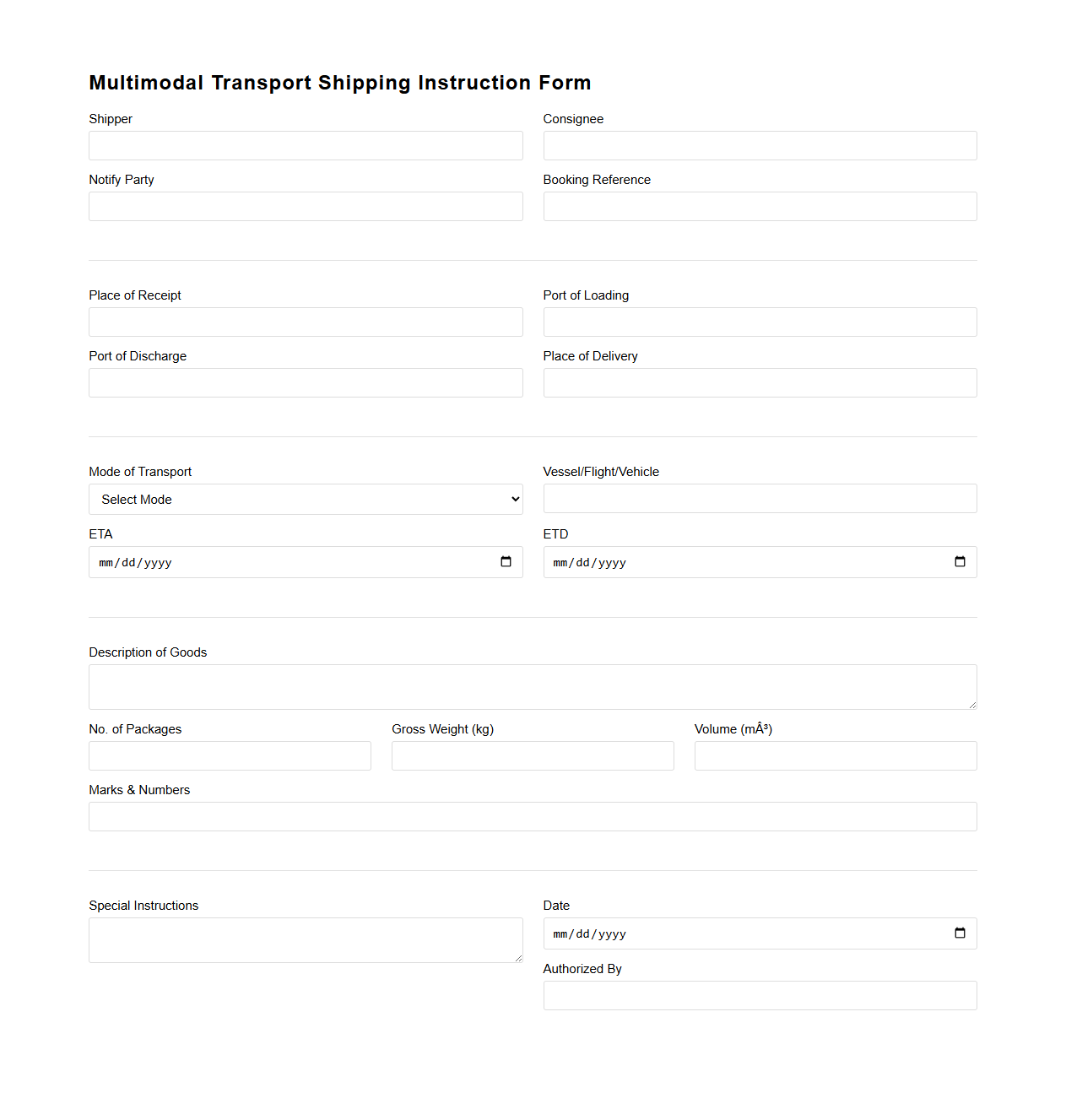 Multimodal Transport Shipping Instruction Form
