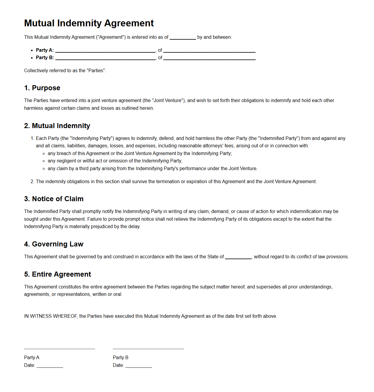 Mutual Indemnity Agreement Template for Joint Ventures