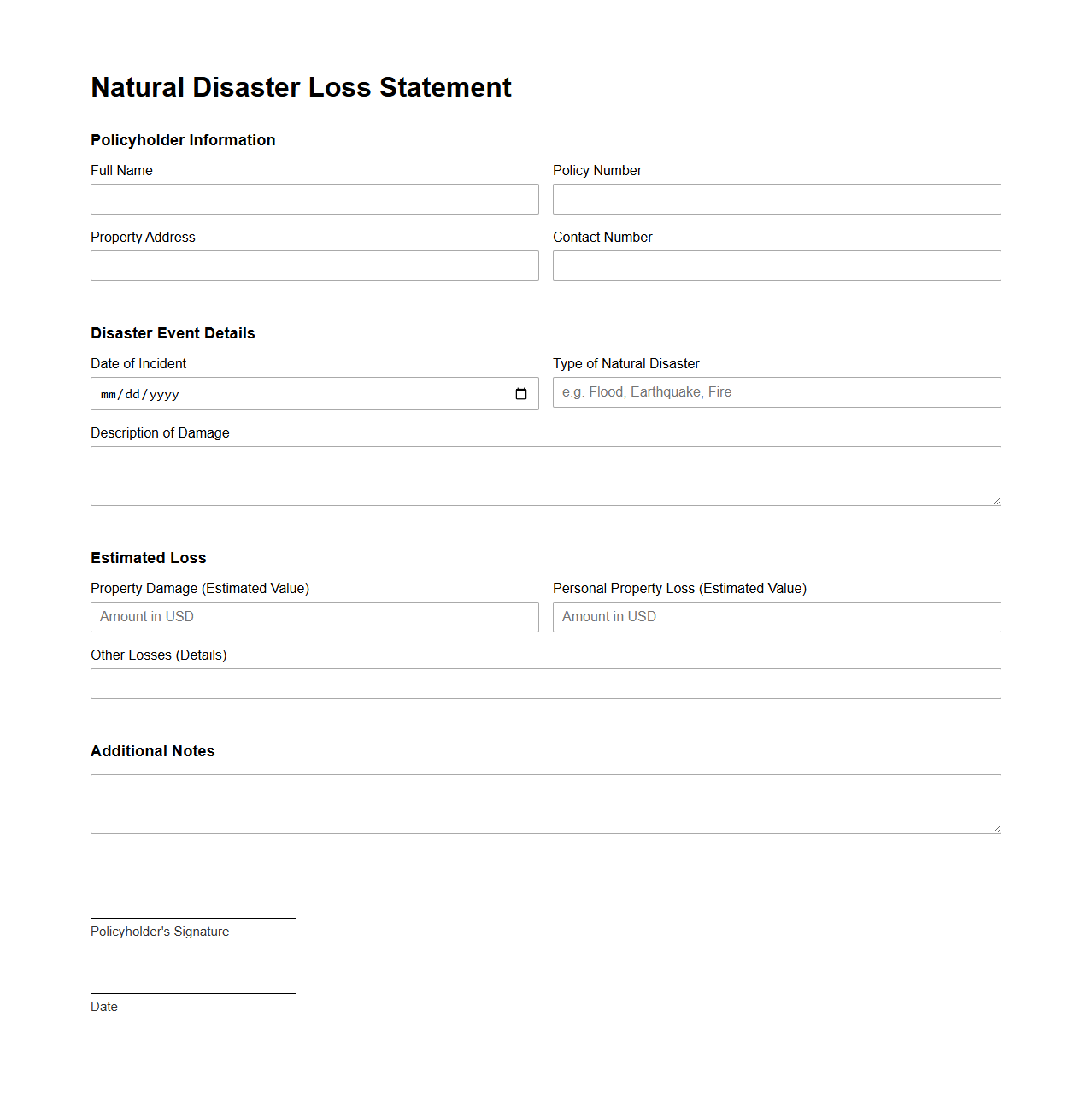 Natural Disaster Loss Statement for Homeowners Policy