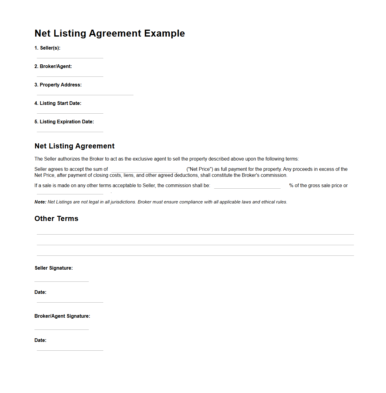 Net Listing Agreement Example for Realtors
