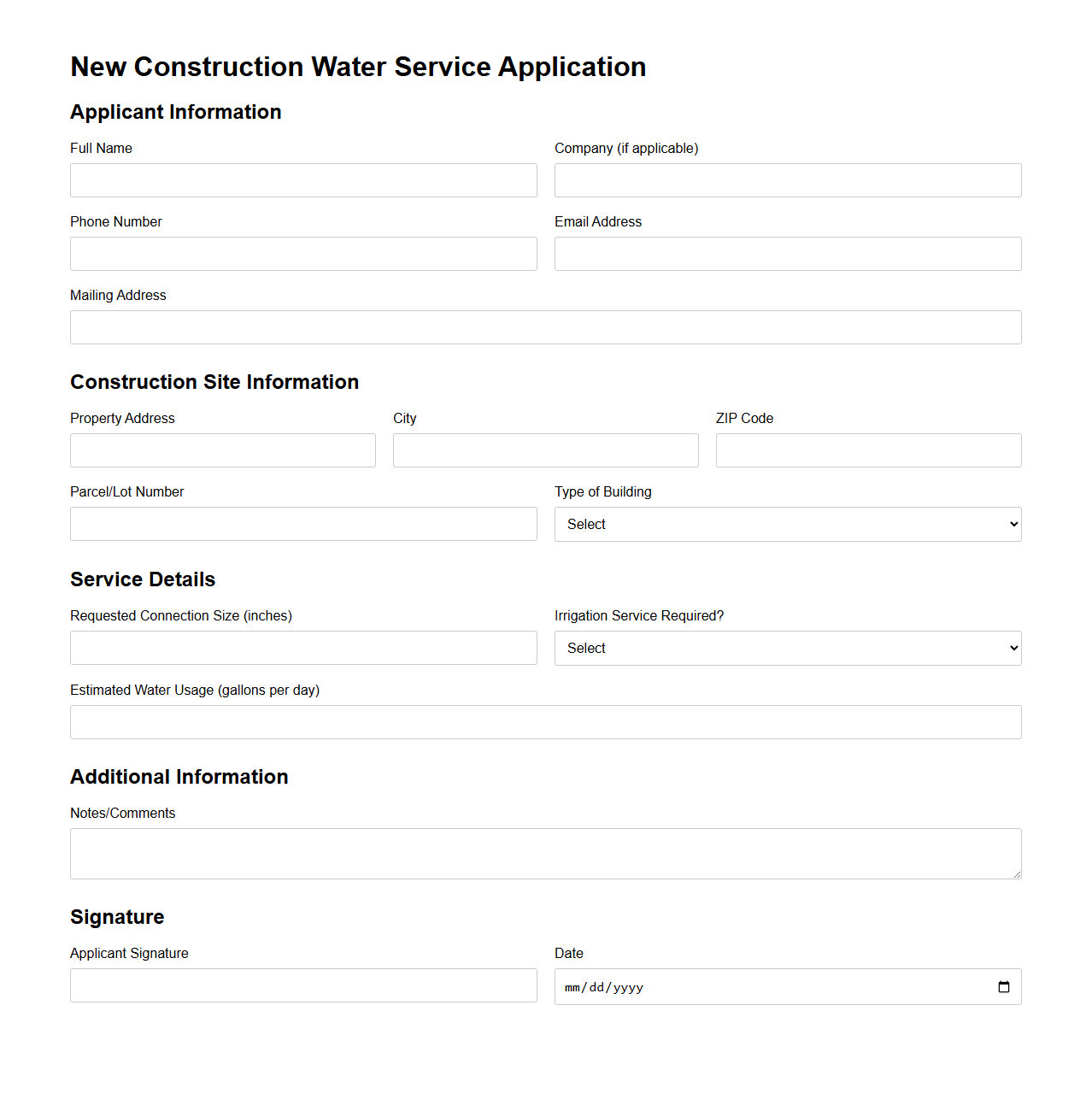New Construction Water Service Application Template