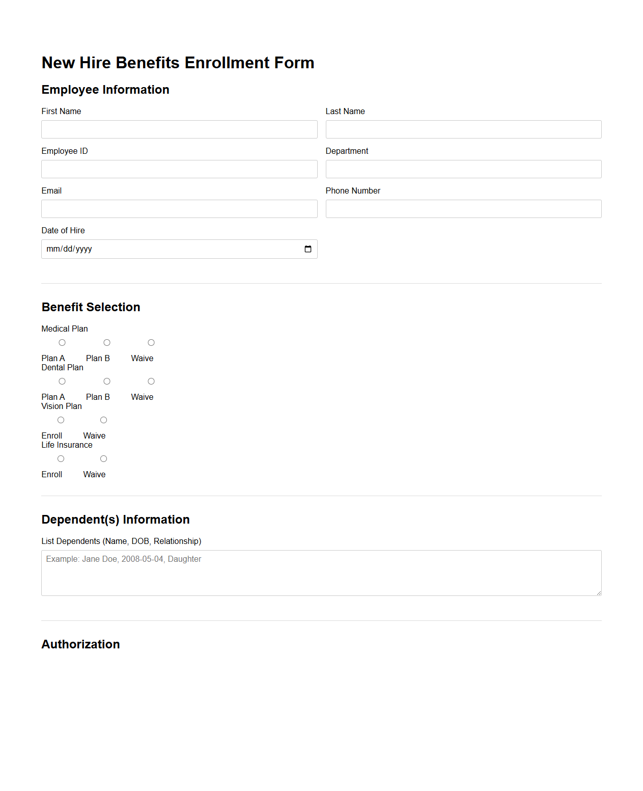 New Hire Benefits Enrollment Form
