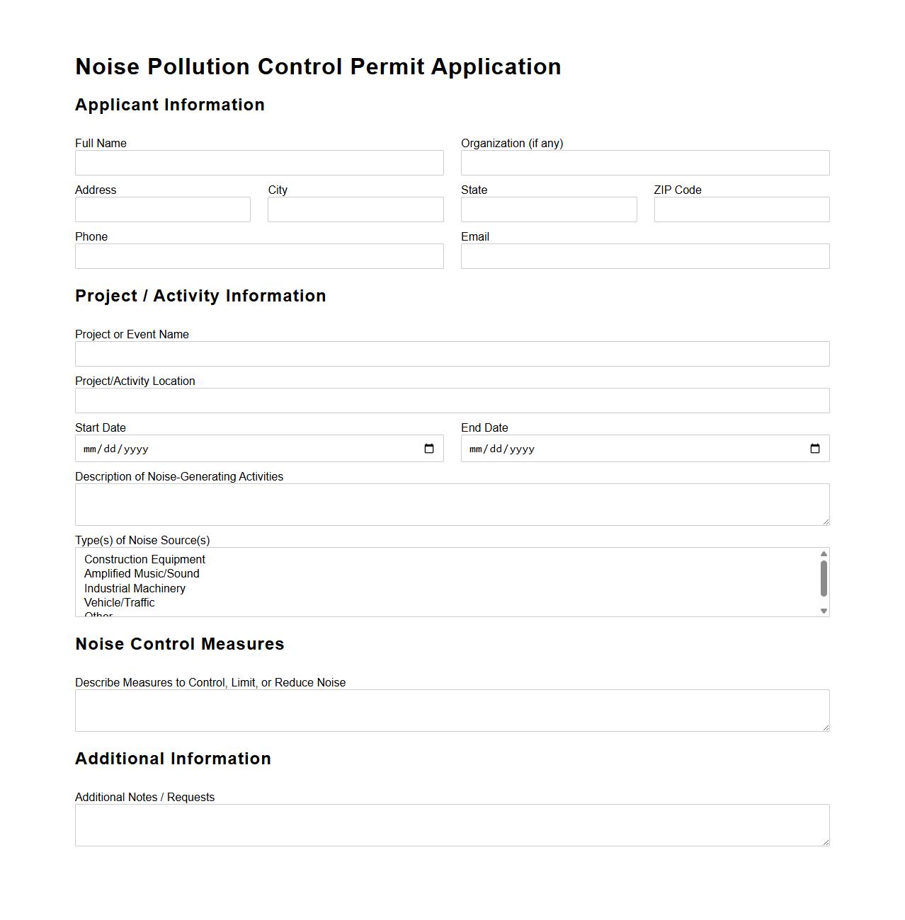 Noise Pollution Control Permit Application Example