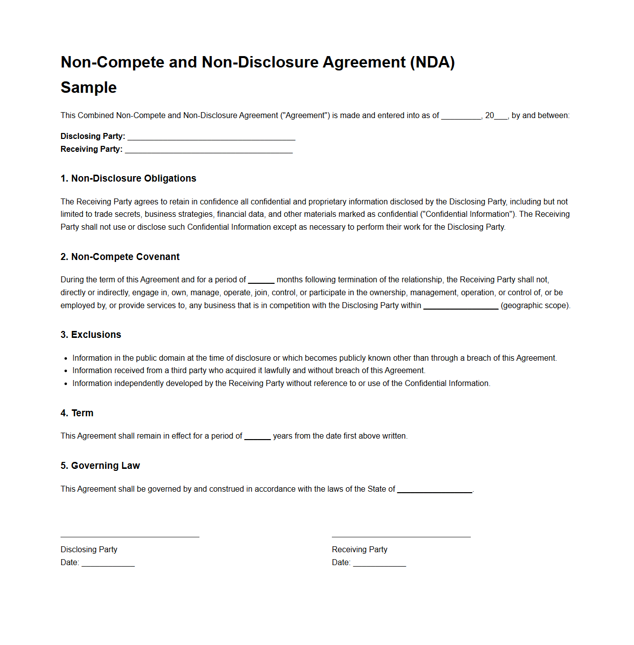 Non-Compete and NDA Combined Sample
