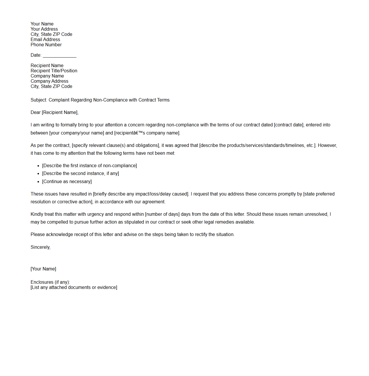 Non-Compliance with Contract Complaint Letter