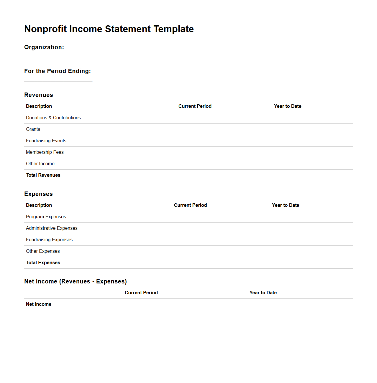 Nonprofit Income Statement Template