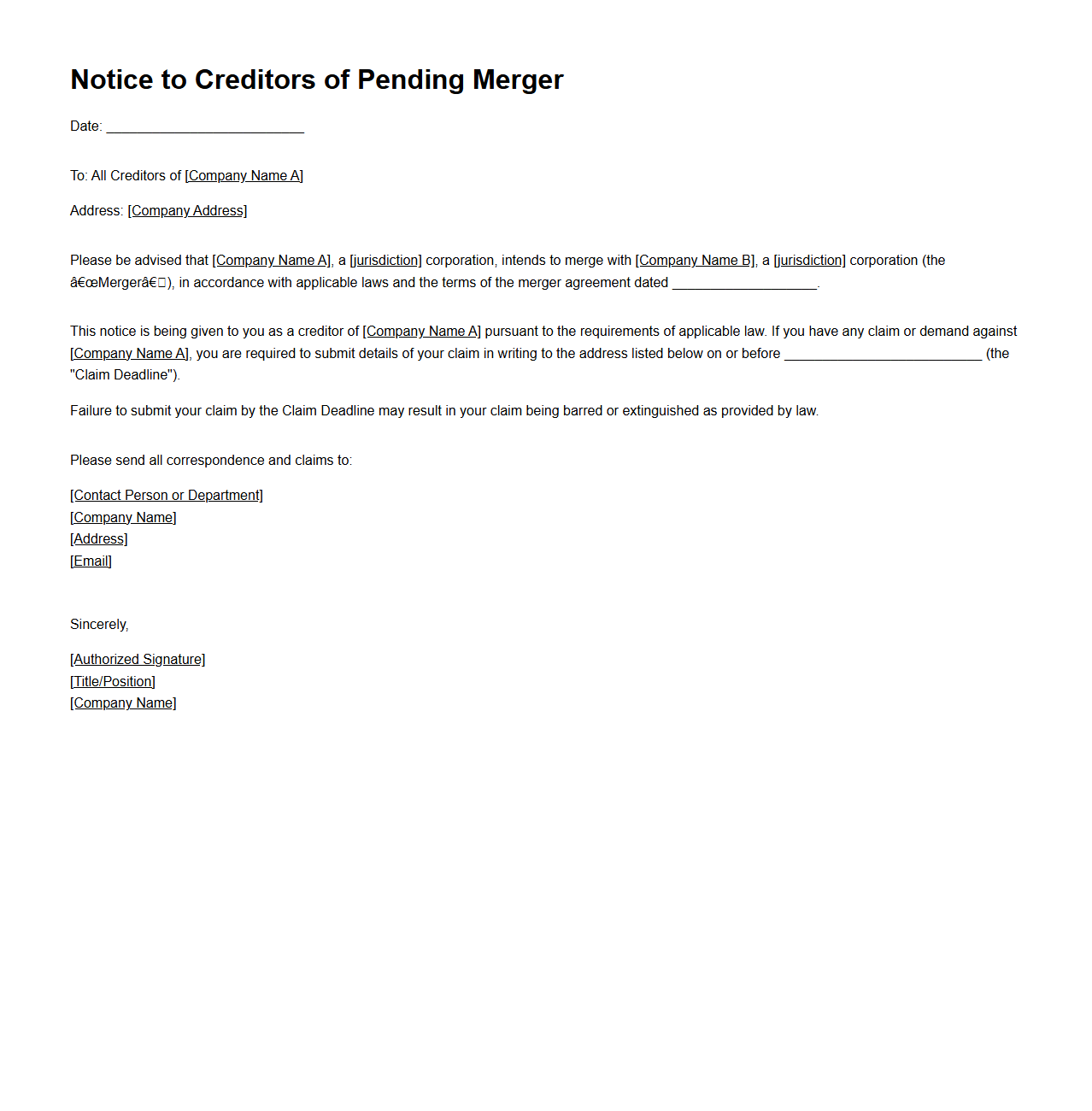 Notice to Creditors of Pending Merger