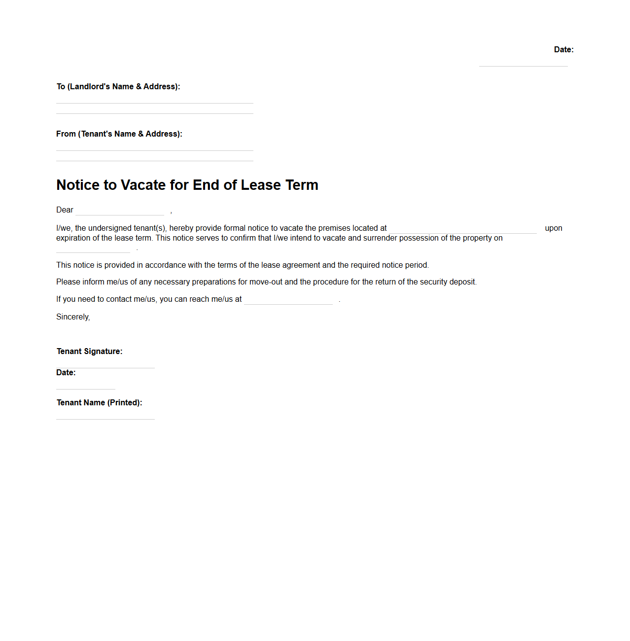 Notice to Vacate for End of Lease Term