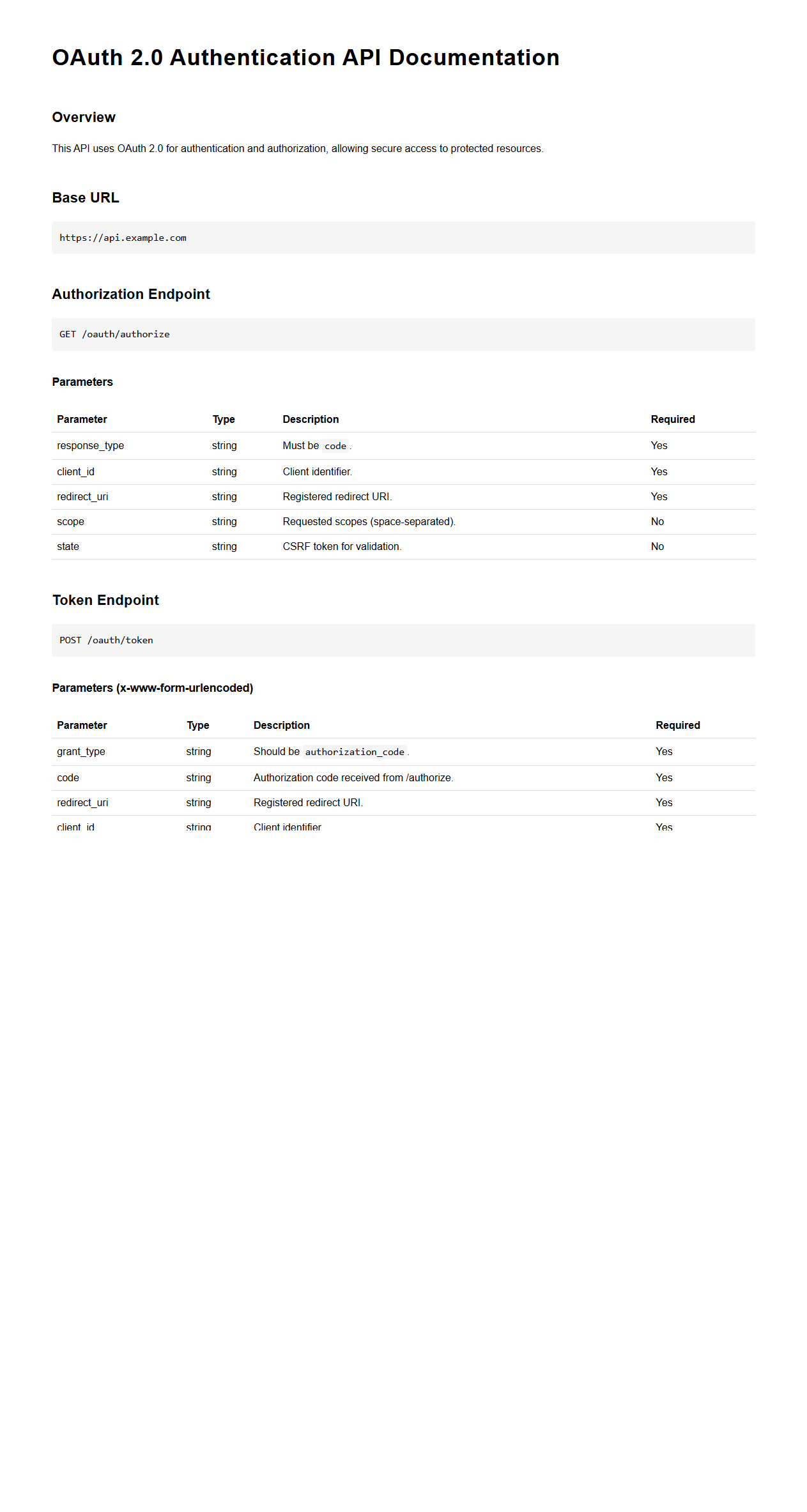 OAuth 2.0 Authentication API Documentation Template