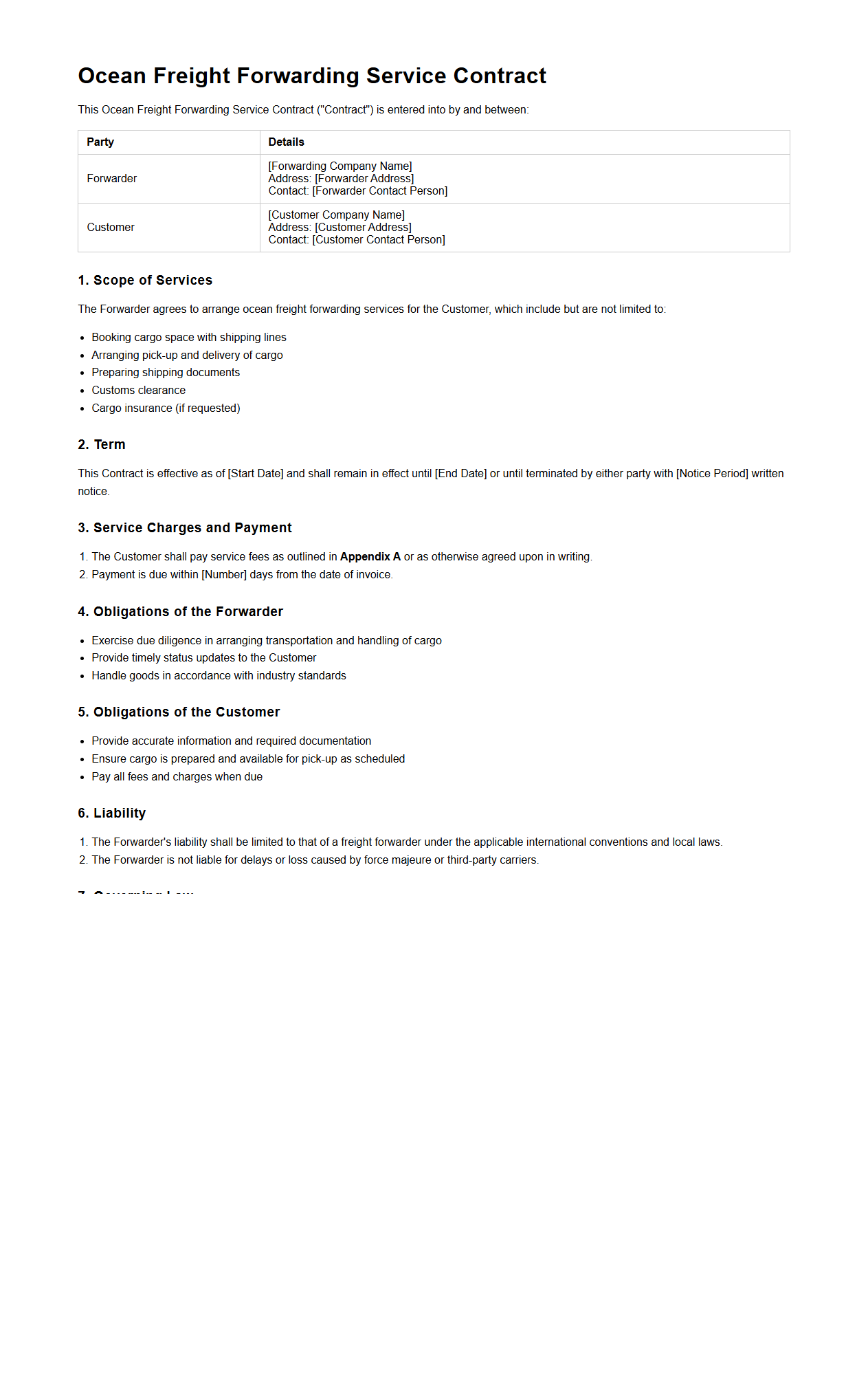 Ocean Freight Forwarding Service Contract Example