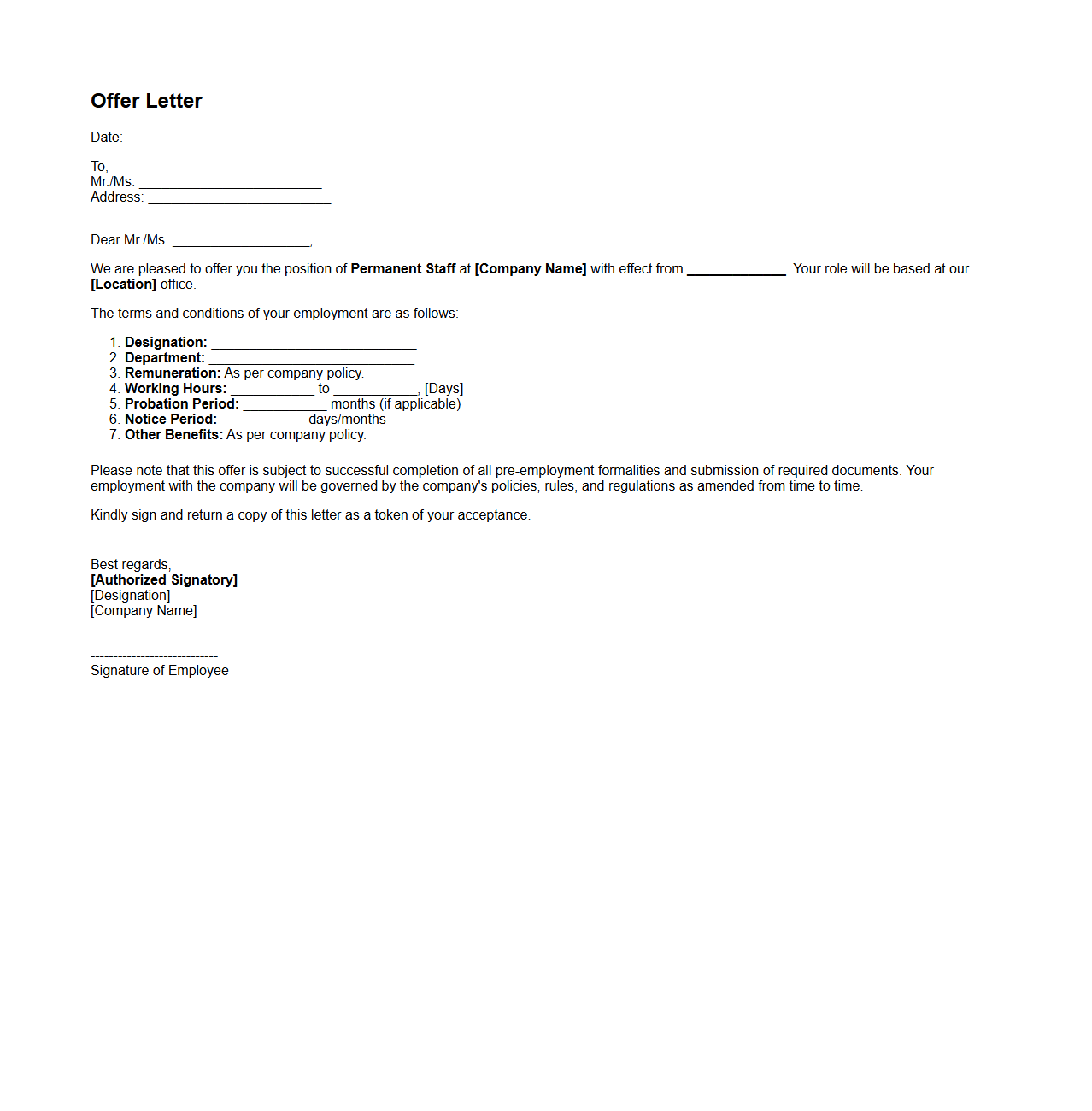 Offer Letter Format for Permanent Staff