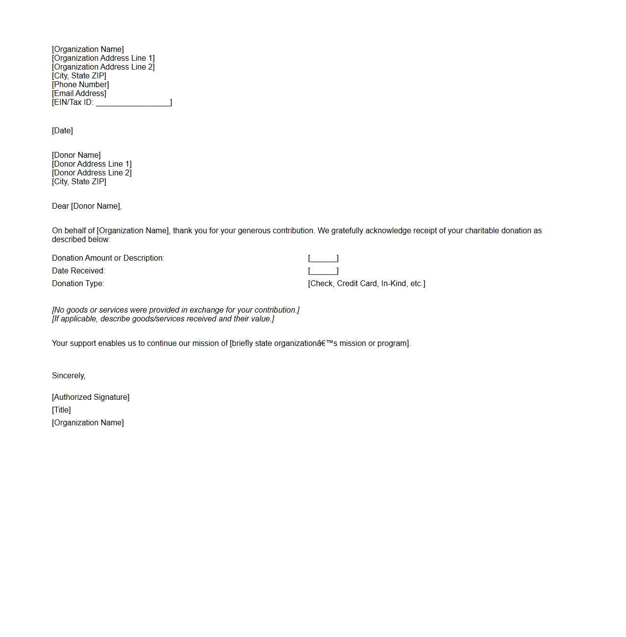 Official Charitable Contribution Acknowledgment Letter