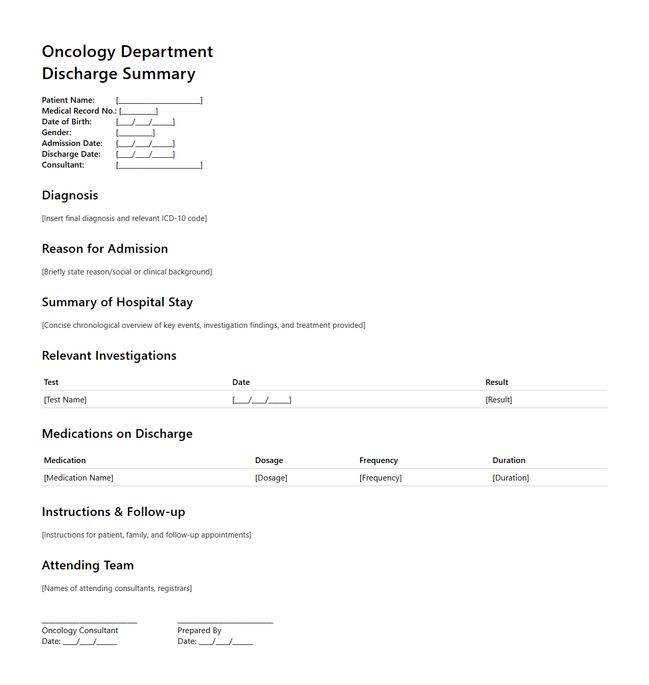 Oncology Department Discharge Summary Example