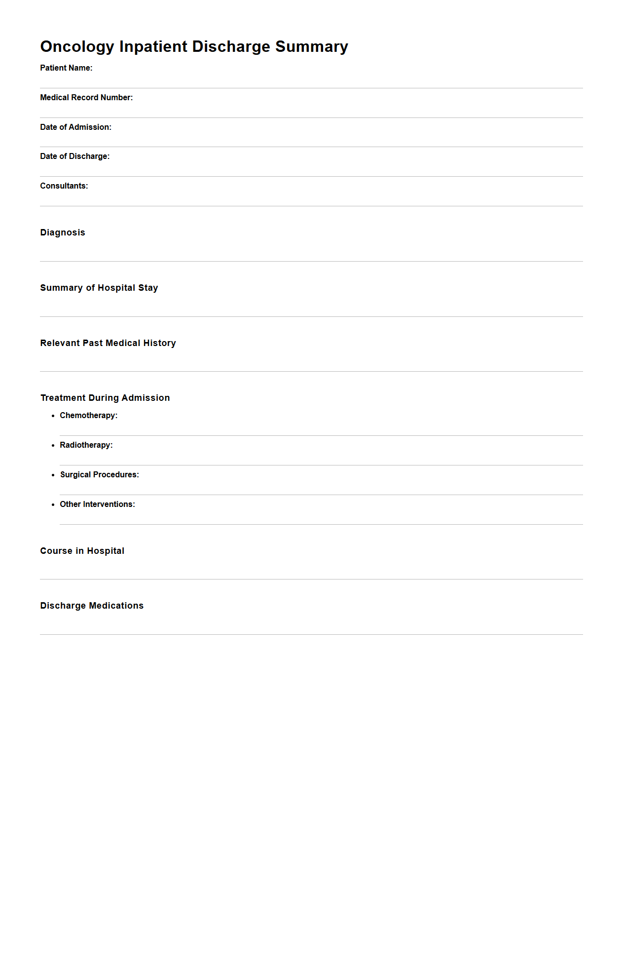 Oncology Inpatient Discharge Summary Outline