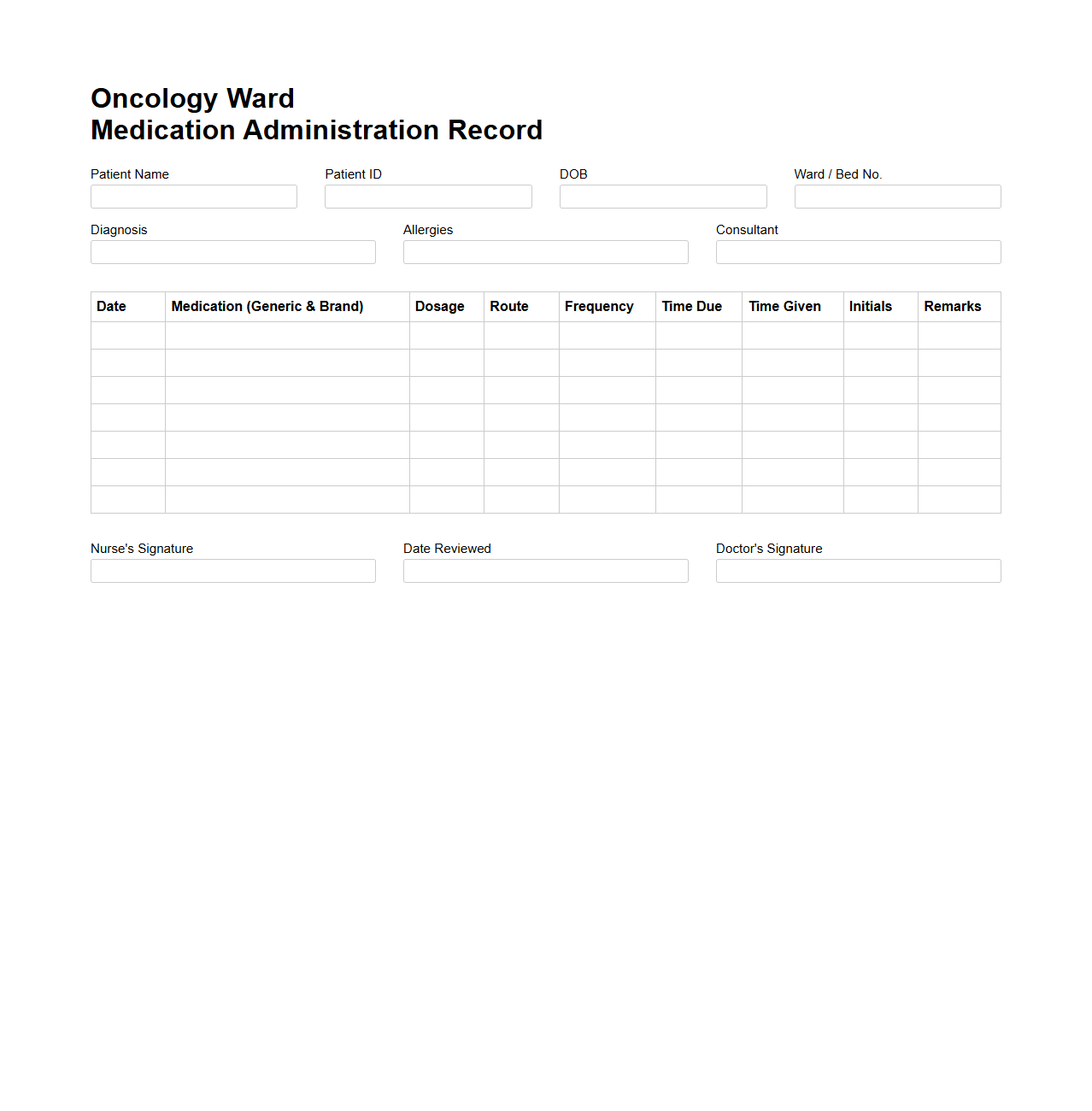 Oncology Ward Medication Administration Record Layout