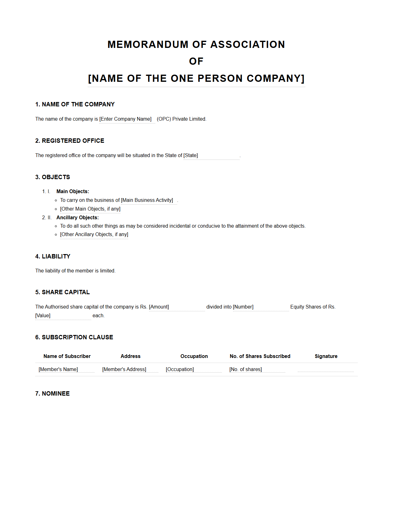 One Person Company Memorandum of Association Layout