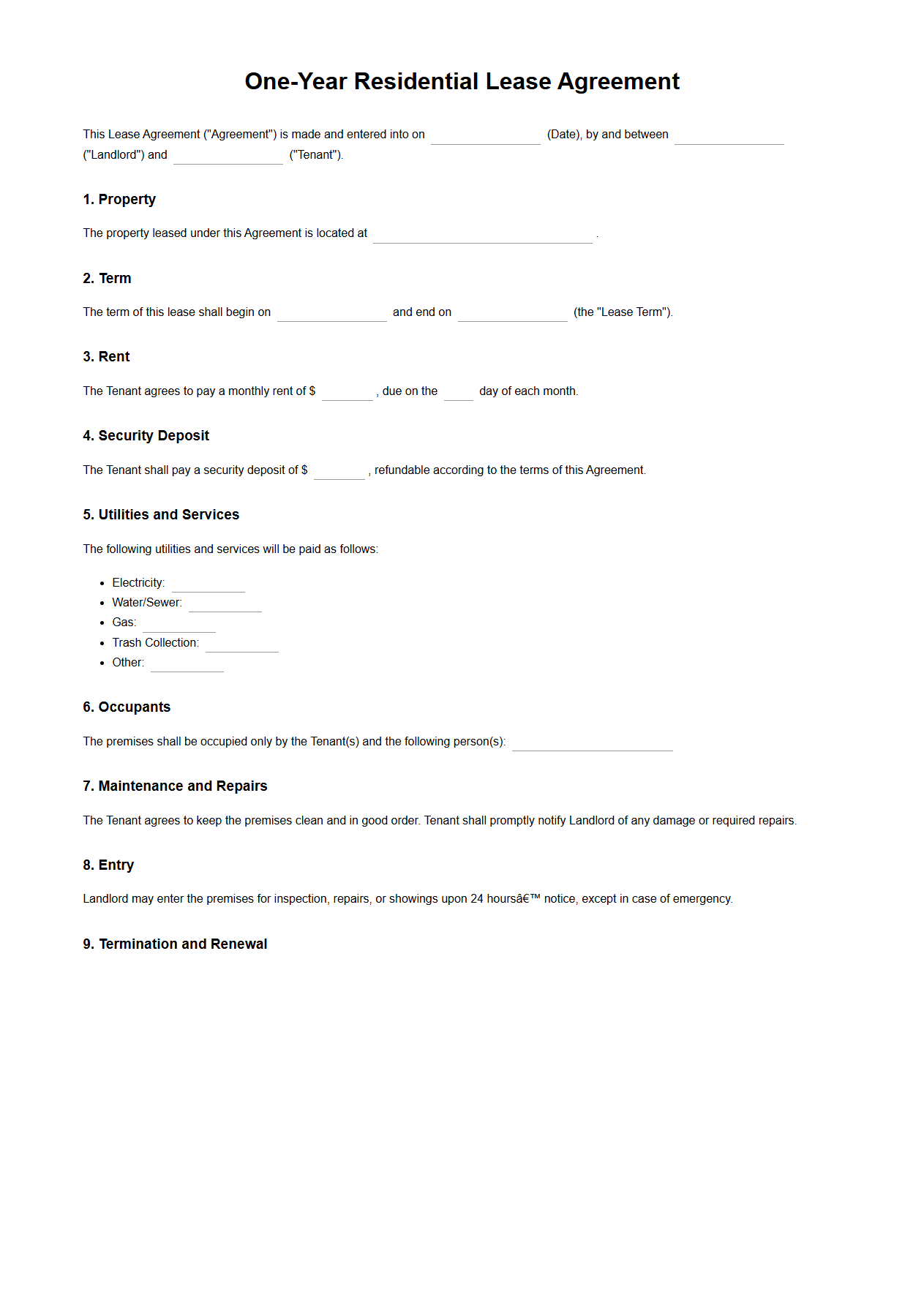 One-Year Residential Lease Agreement Template