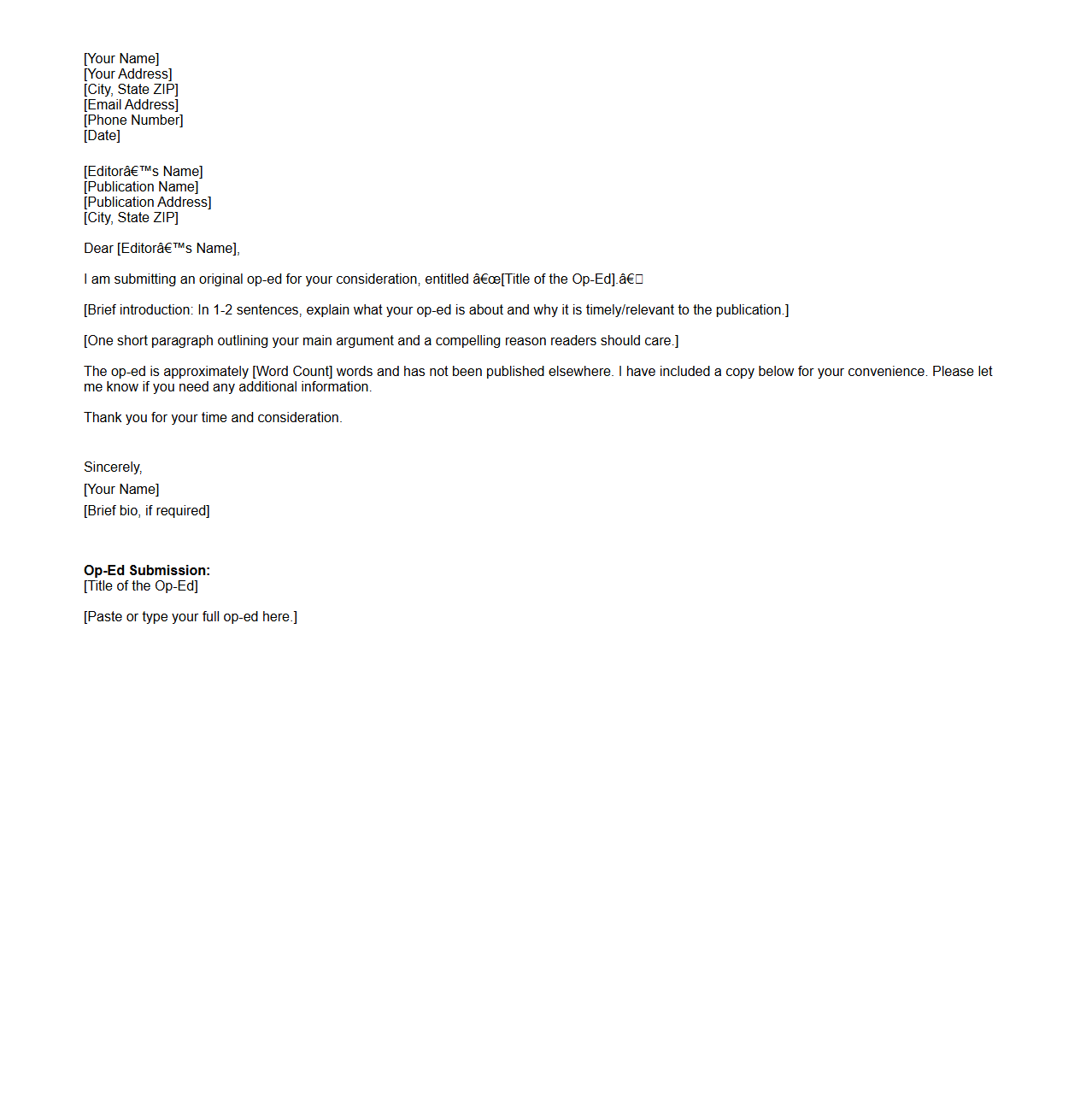 Op-Ed Submission Letter Template