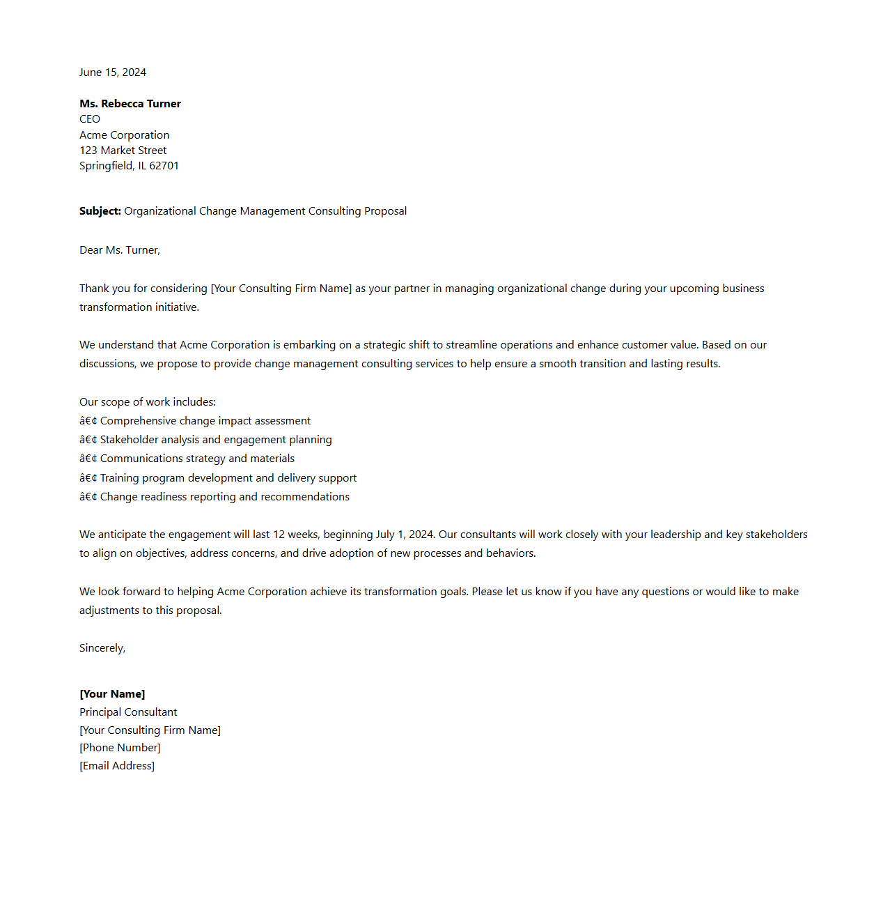 Organizational Change Management Consulting Letter Example