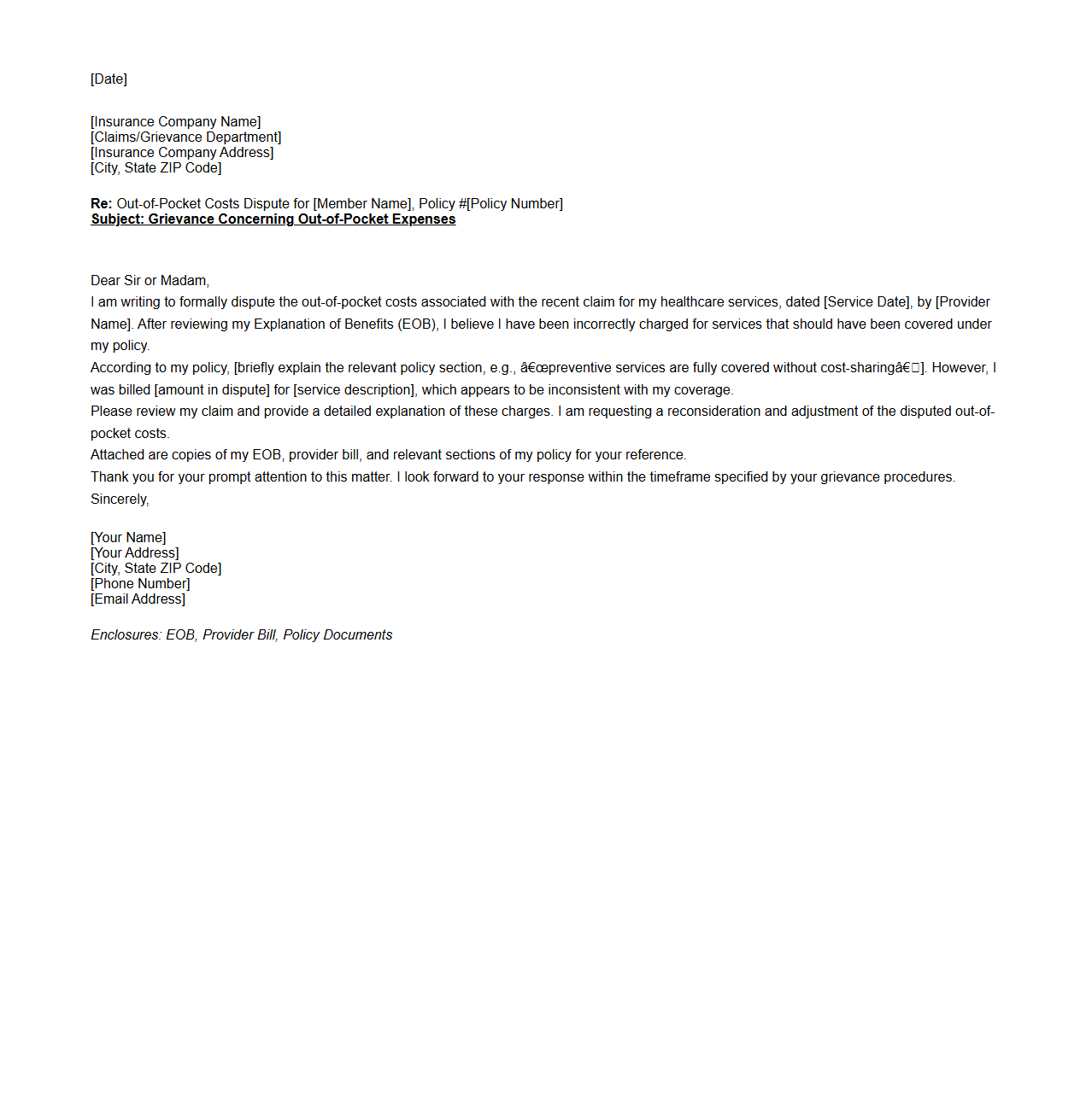 Out-of-Pocket Costs Dispute Grievance Letter
