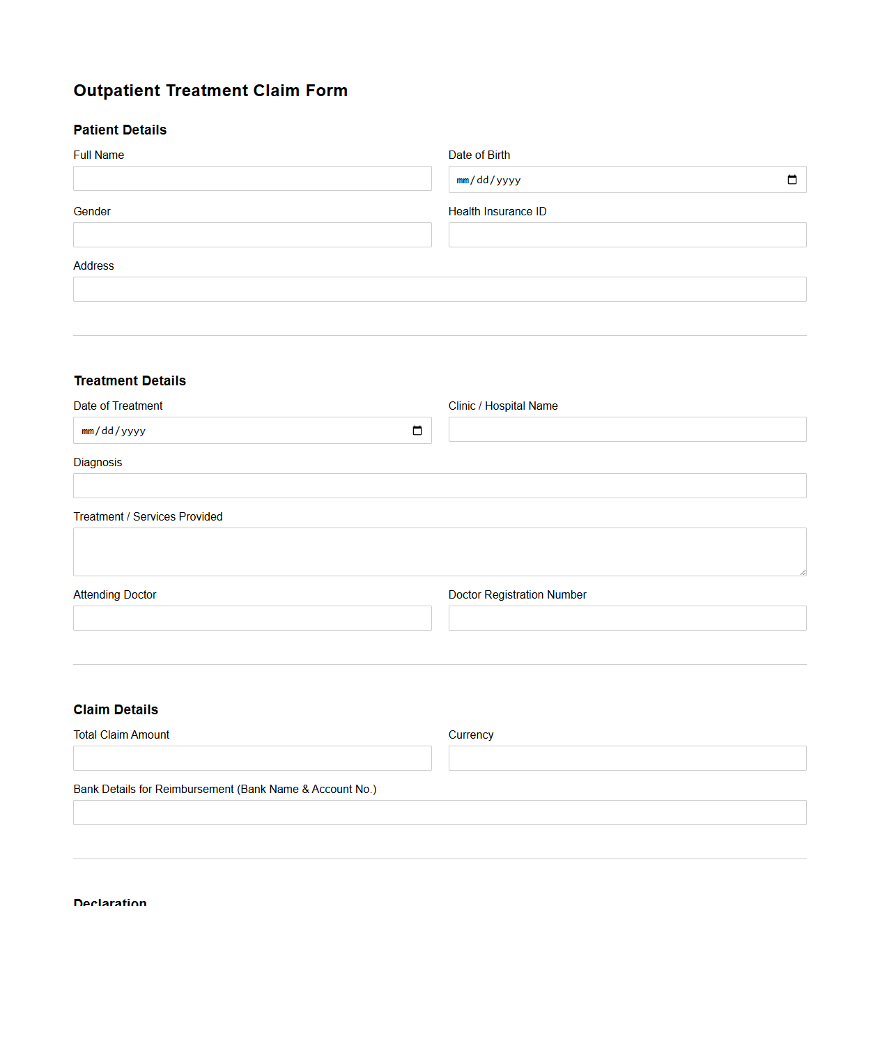 Outpatient Treatment Claim Form Example