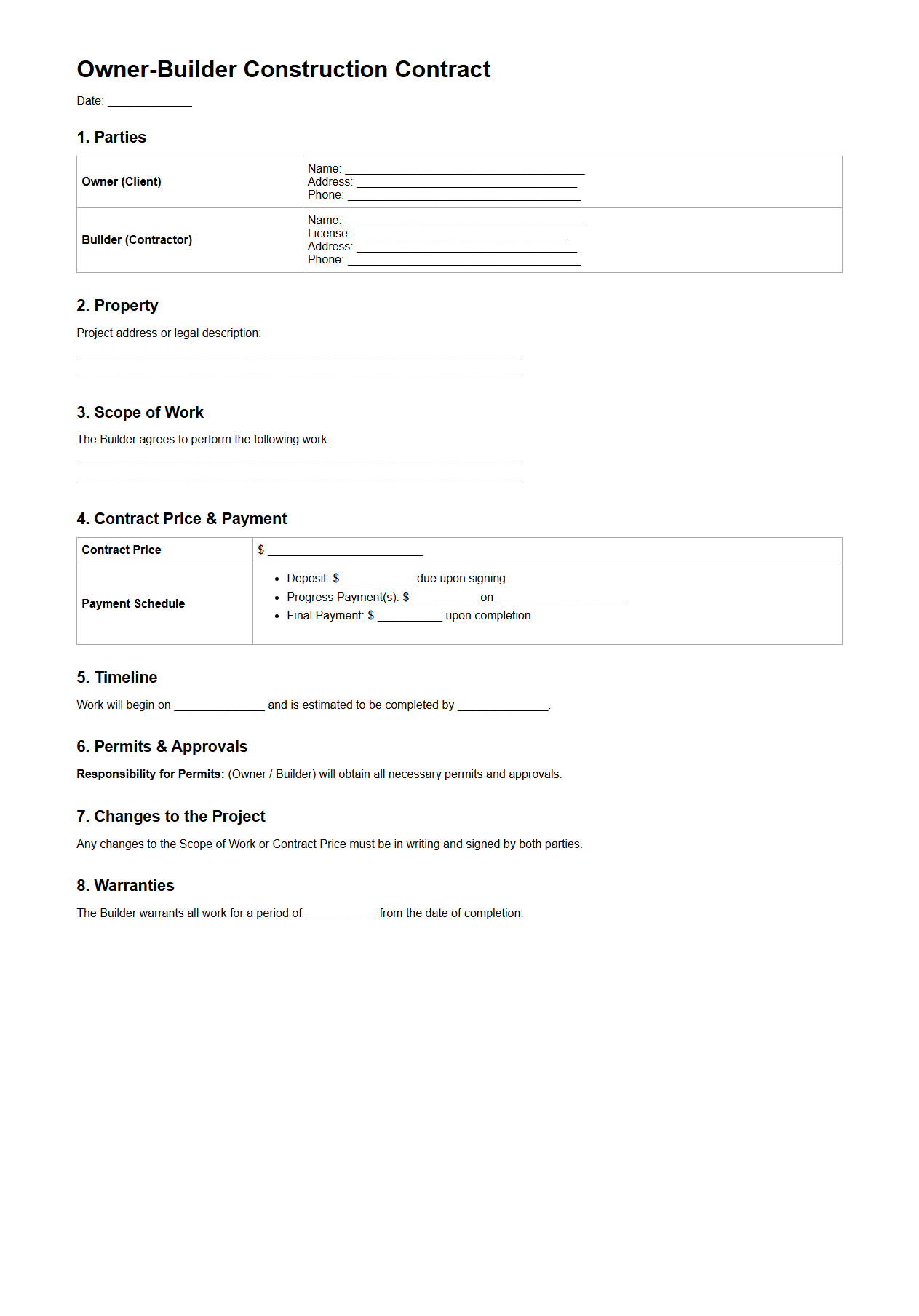 Owner-Builder Construction Contract Sample