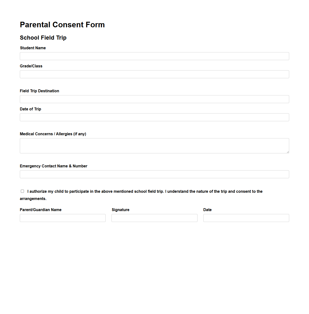 Parental Consent Form for School Field Trip