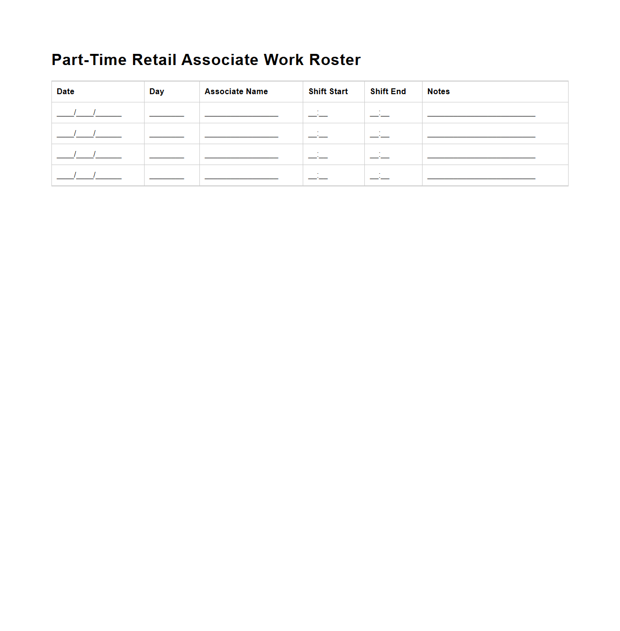 Part-Time Retail Associate Work Roster